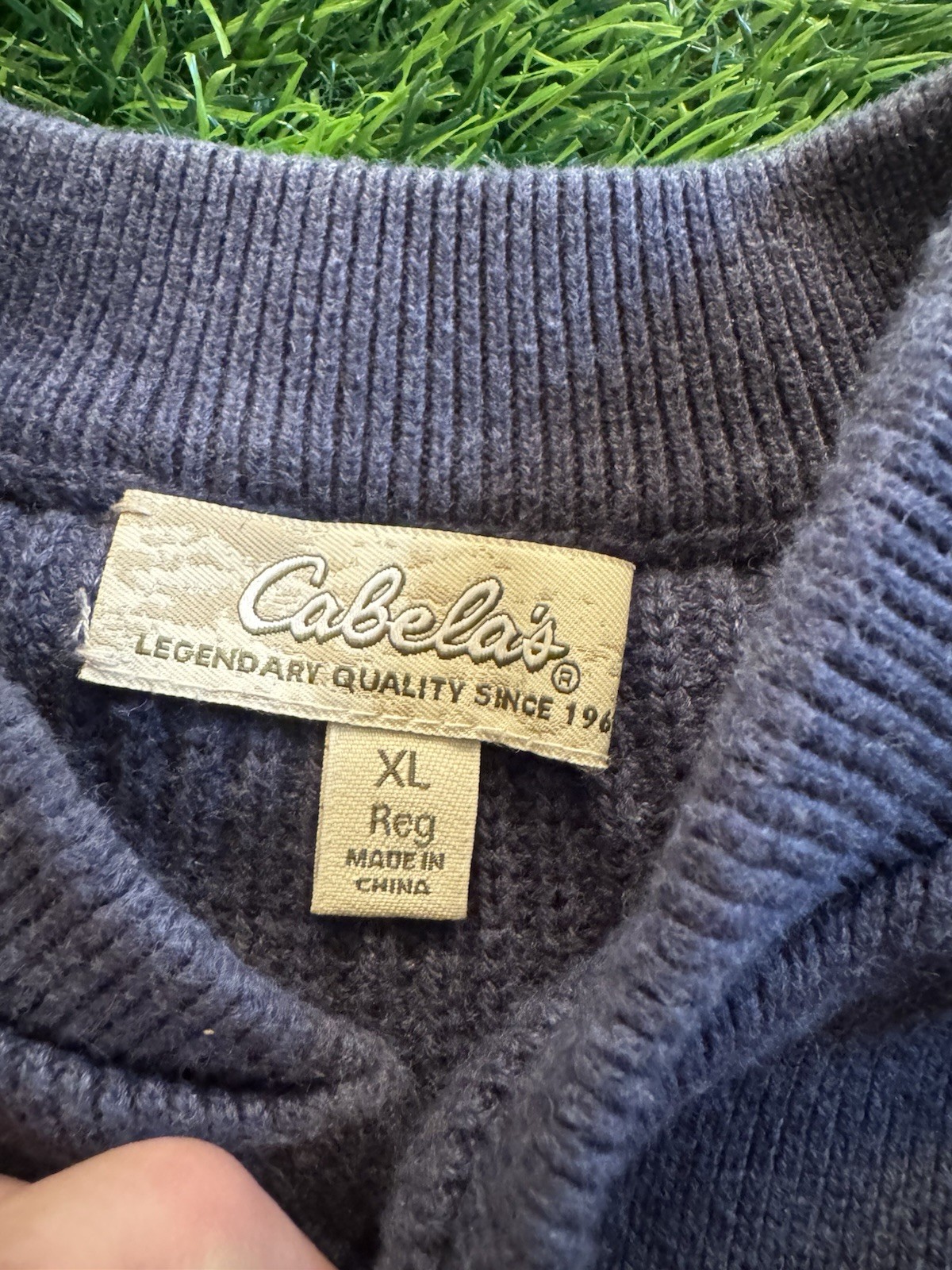Cabela’s Sweater Mens XL Blue Brown Suede Quilted Patches Fisherman Knit Cotton