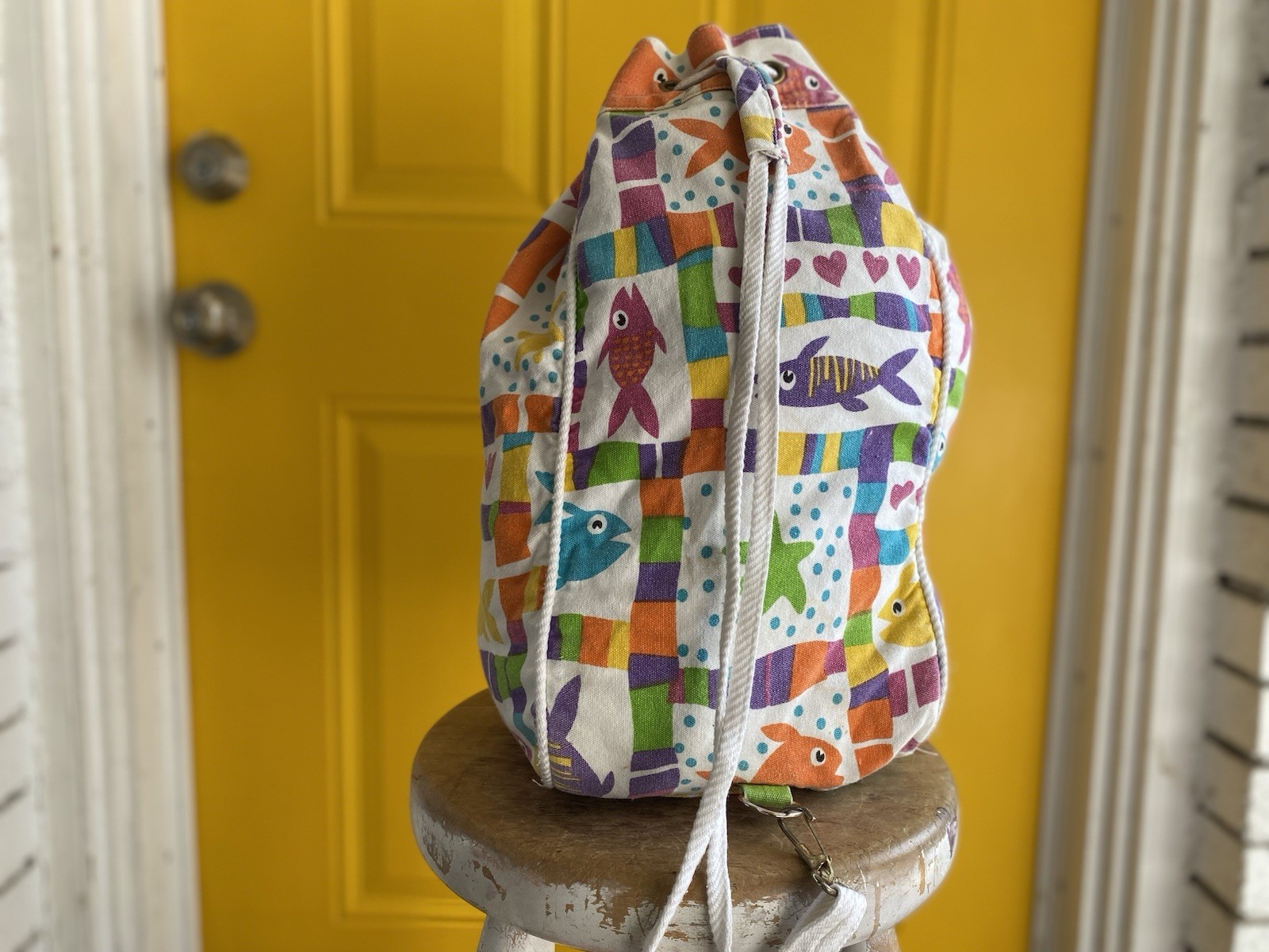 Moni Small Canvas Drawstring Bucket Bag Kids Multicolor Fish Patchwork Pockets