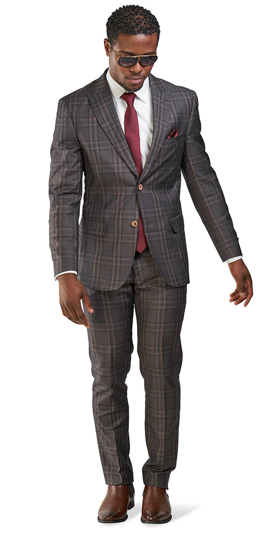 Slim Fit 2 Button Mens Suit Bronze Windowpane Plaid Peak Lapel 35071 AZARMAN