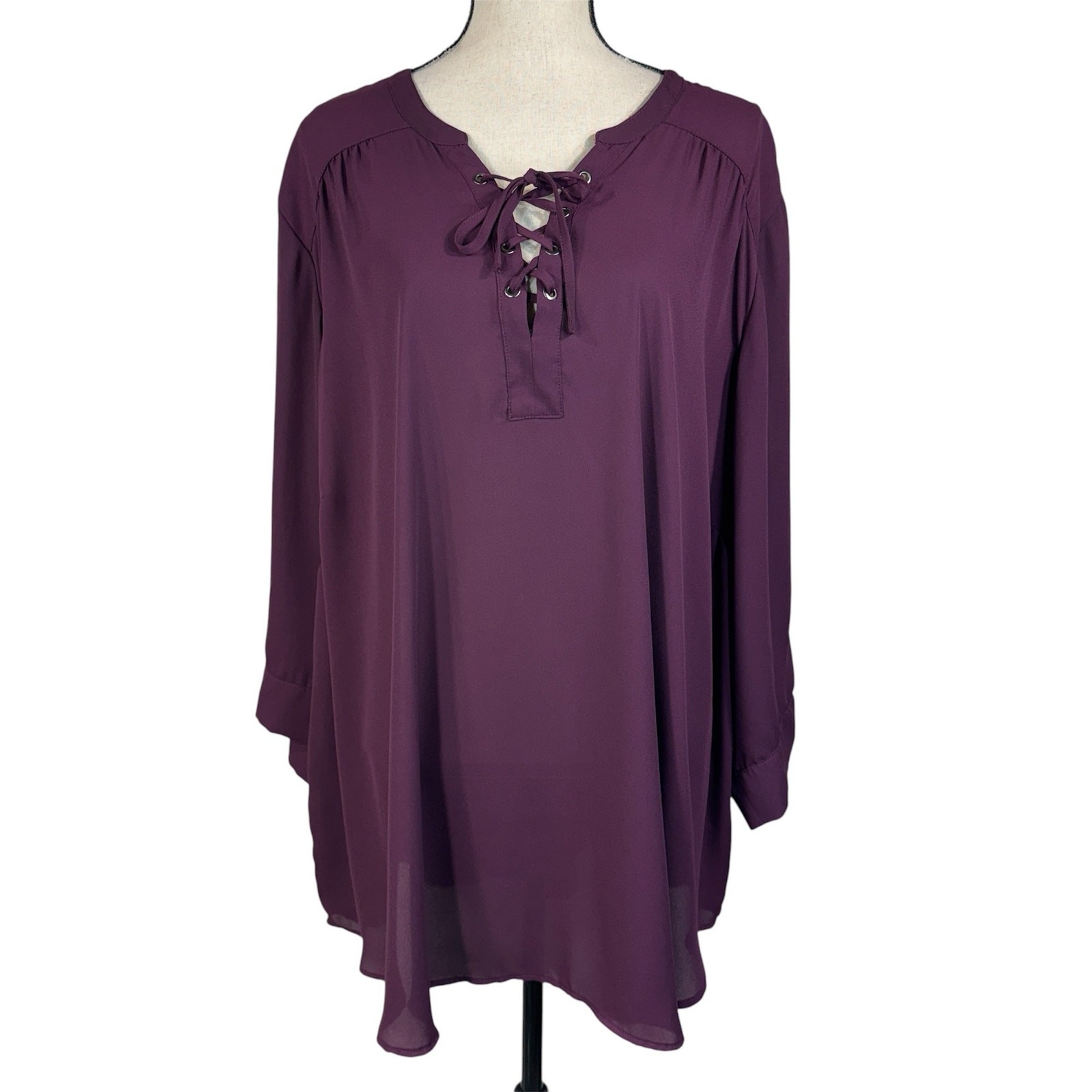 Torrid SZ 5 (5X-Large) Harper Top 3/4 Roll-Tab Sleeves Lace-Up V-Neck Pullover