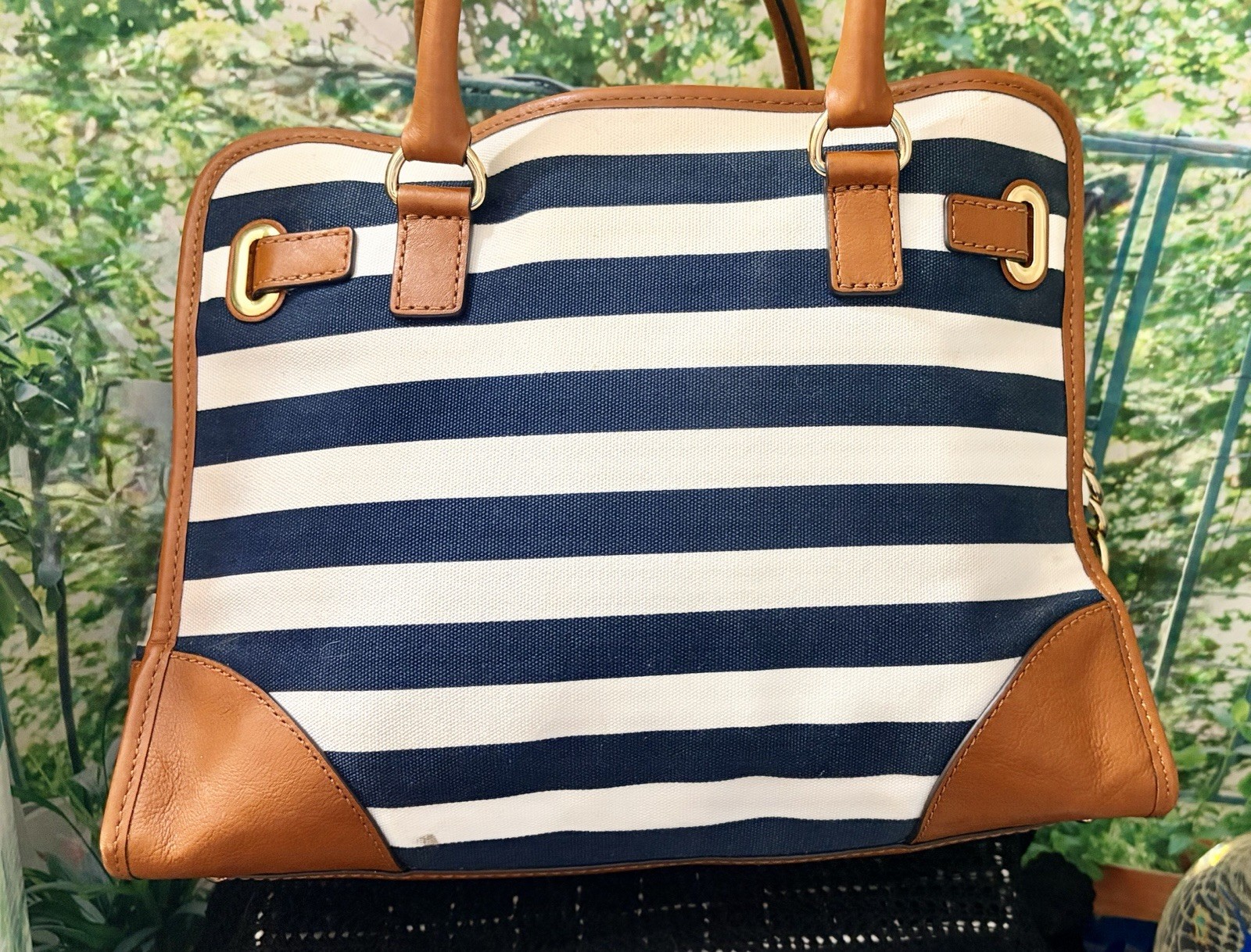 Michael Kors Hamilton Large Tote Satchel Striped Canvas Navy Blue White Leath