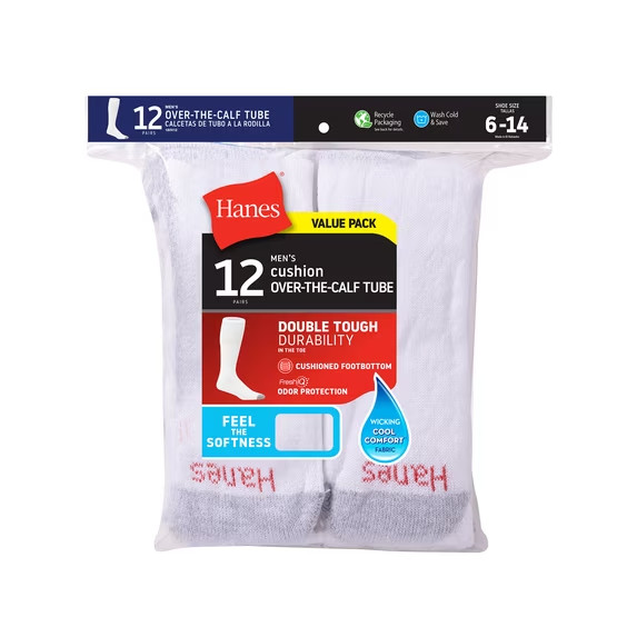 Hanes Double Tough Tube Socks for Men 12 Pack Over Calf, 6-12 Reg Size