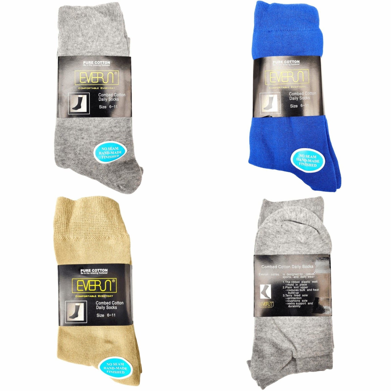 3Prs No Seam Pure Cotton Crew Socks Solid Quality Work Office School Casual