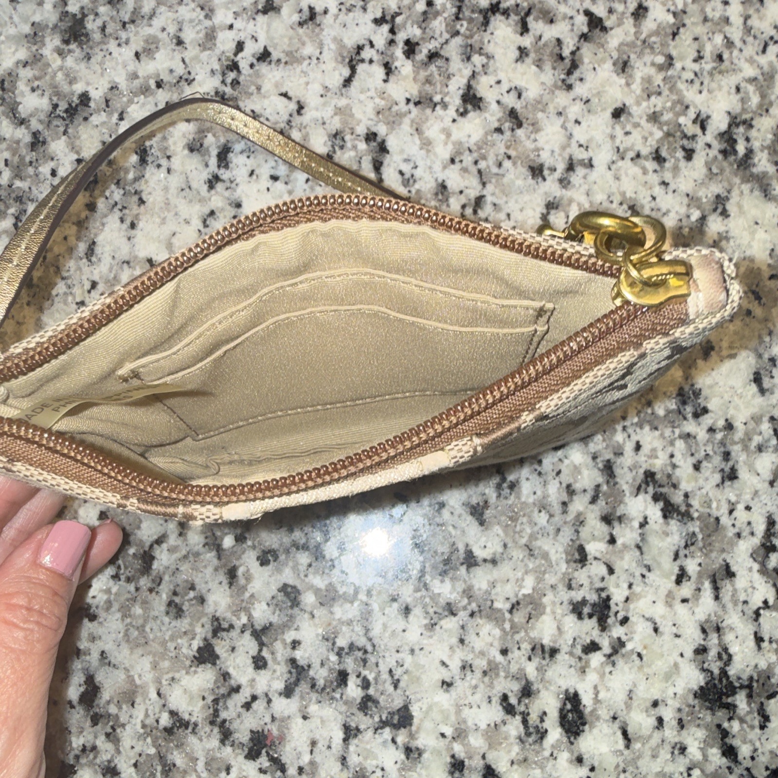 Coach Signature Logo Zip Wristlet Wallet w/ Wrist Strap, Beige Brown Gold