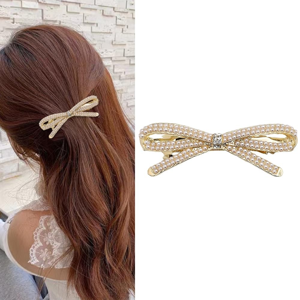 French Bow Crystal Rhinestone Pearl Hair Clips Barrette Gold Bridal Wedding