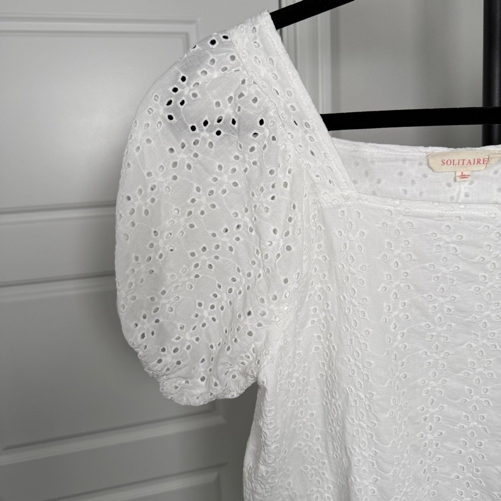 Solitaire white blouse square neckline eyelet detailing puff sleeves size large