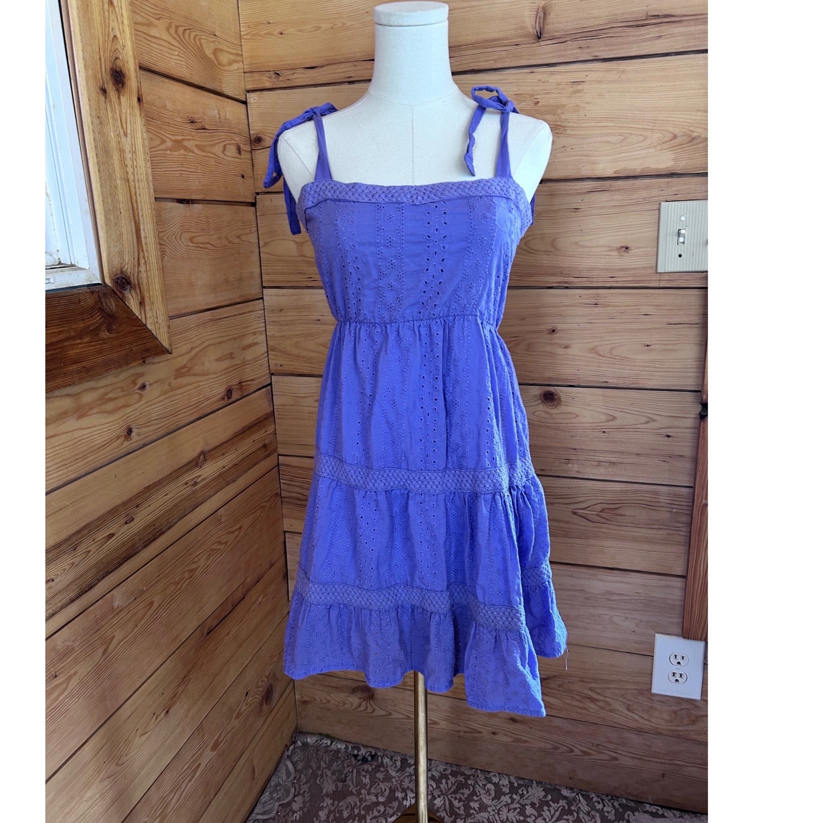 Eyelet Cotton Sundress Women Small Periwinkle Tiered Ruffle Lace Sim & Sam