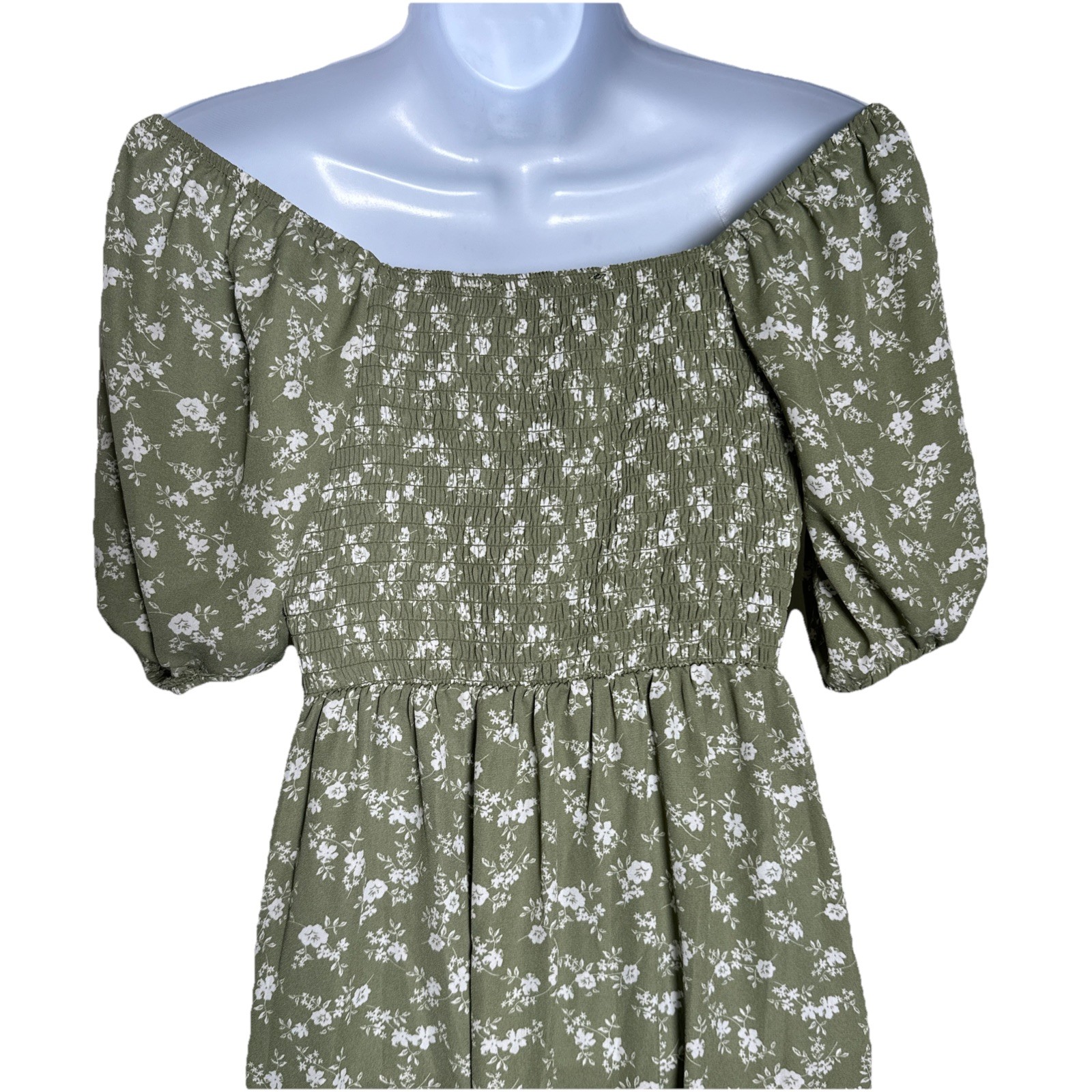 Hesperus Woman’s Small Ditsy Floral Green Midi Dress Cottagecore Puff Sleeve