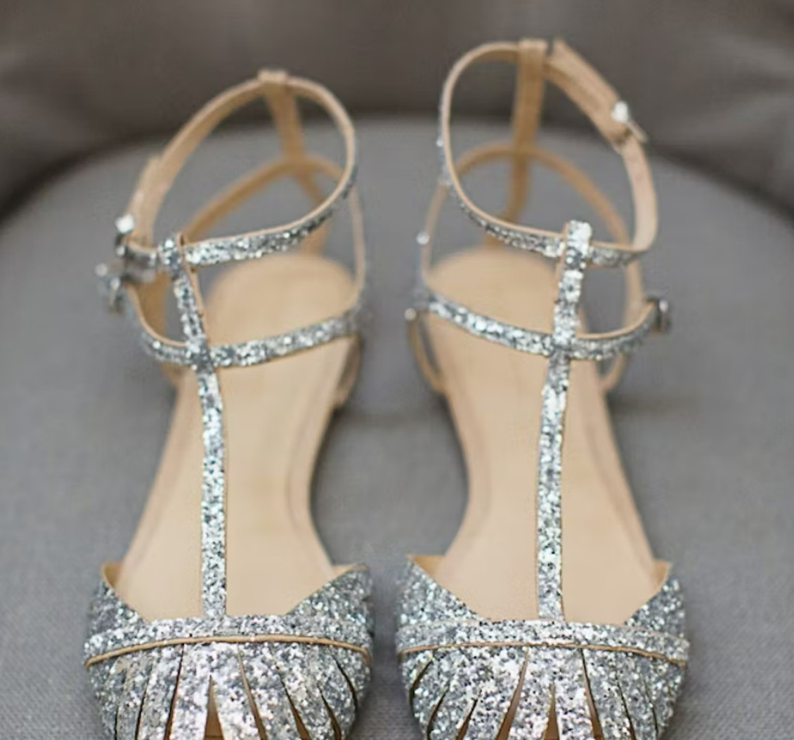 FSJ Silver Glitter Wedding Flats Pointed Toe Cut Out T-Strap Sandals