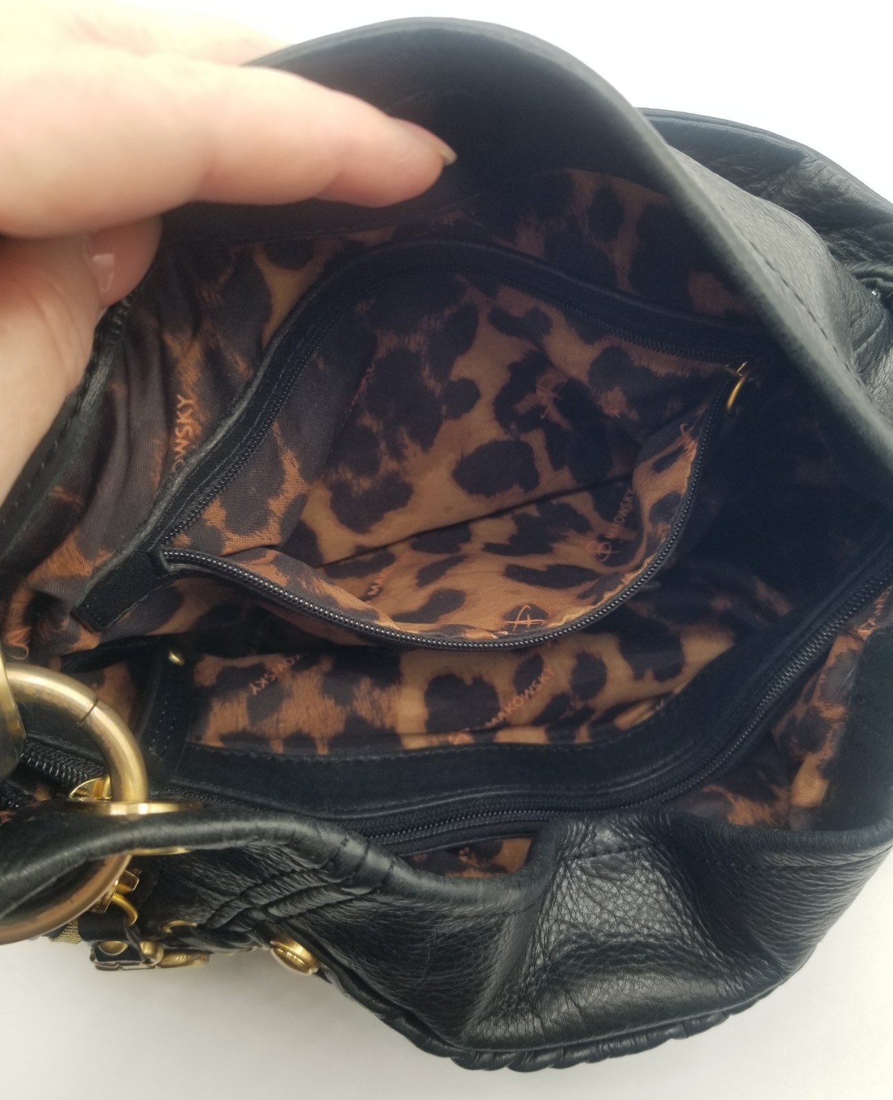 B Makowsky Black Pebble Leather Hobo Bag Gold Hardware Corset Lace Up, Side Zips