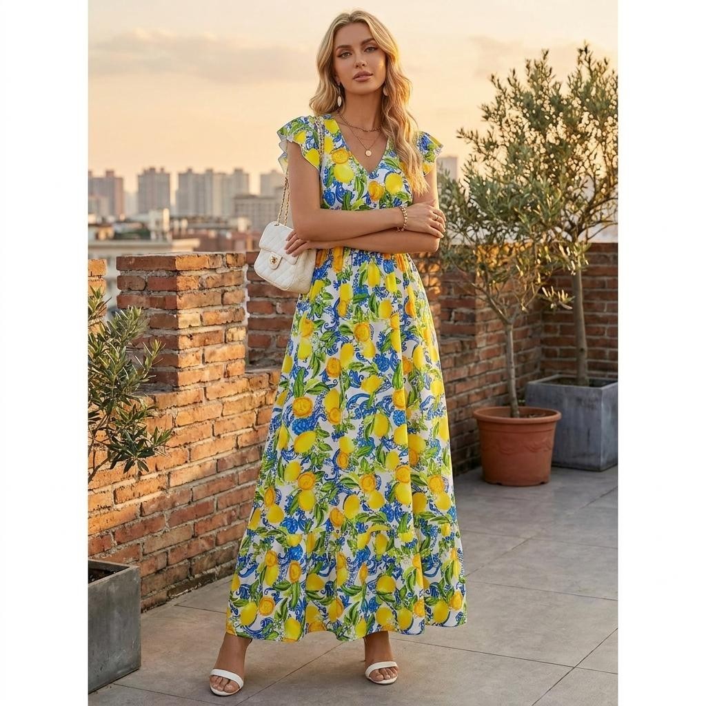Womens Lemon Print Maxi Dress V Neck Cap Sleeve Summer Beach