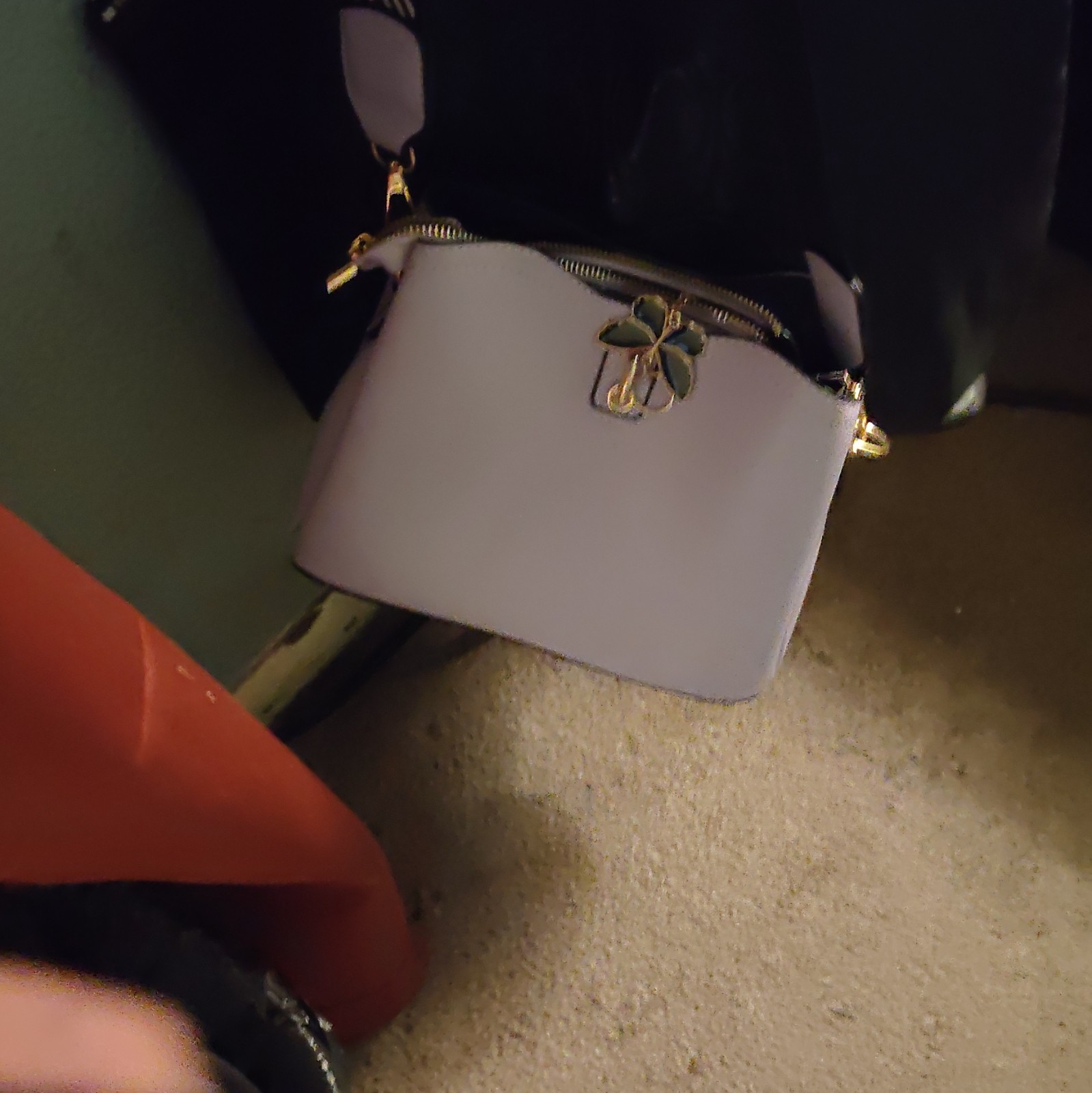 M Marco Beige Logo Shoulder Bag Brown Trim Gold Hardware Zip Detachable Strap