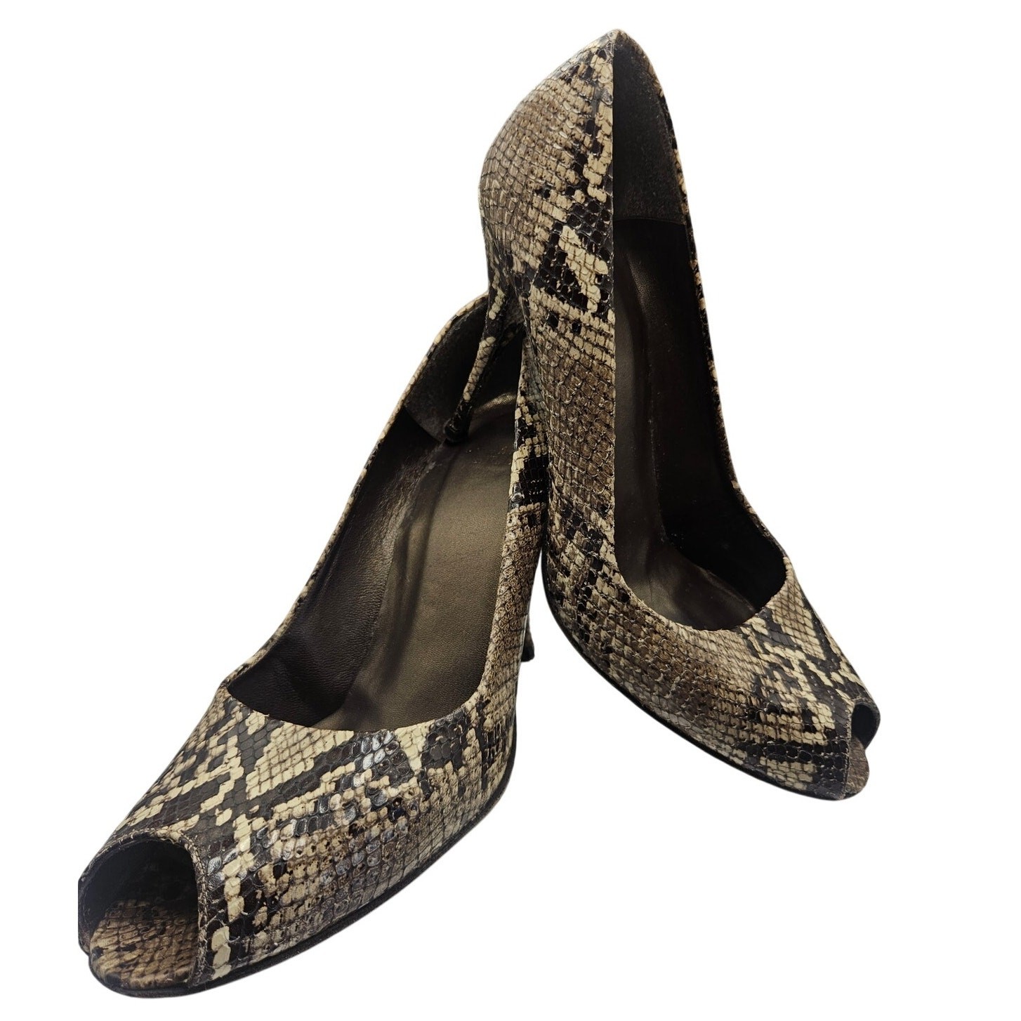 Stuart Weitzman Snakeskin Heels Brown Cream 4″ Heel Sz 10.5M