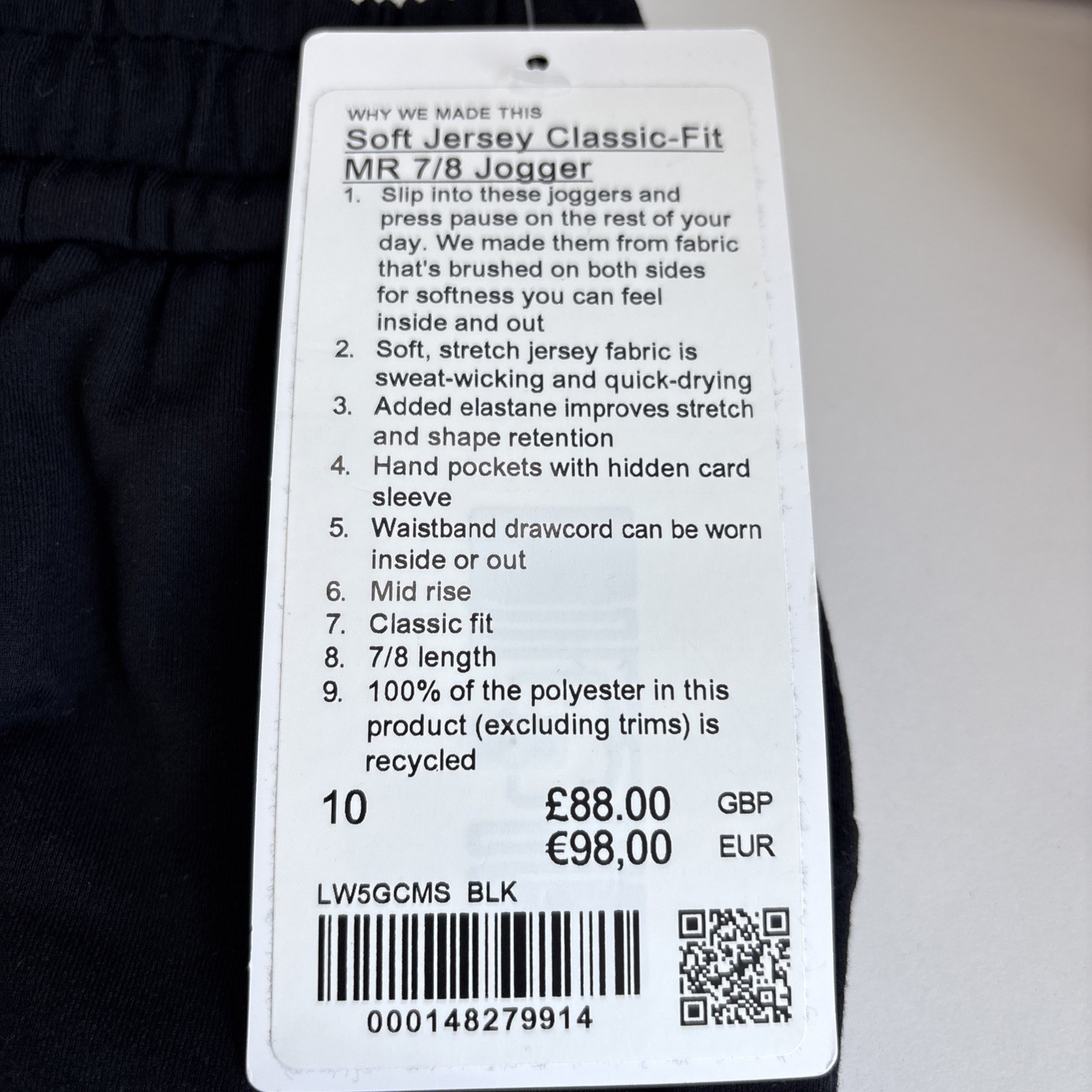 Lululemon Soft Jersey Classic Fit Mid Rise 7/8 Joggers UK Size 14 – Black