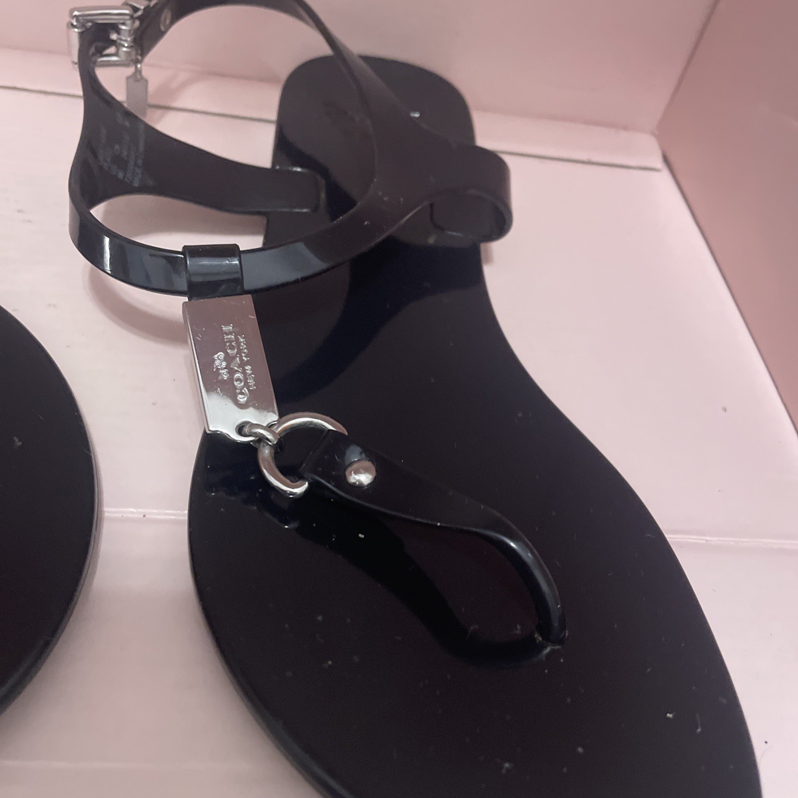 Coach Piccadilly Thong Jelly Sandals Black Logo Strappy Ankle Strap Buckle 8 B