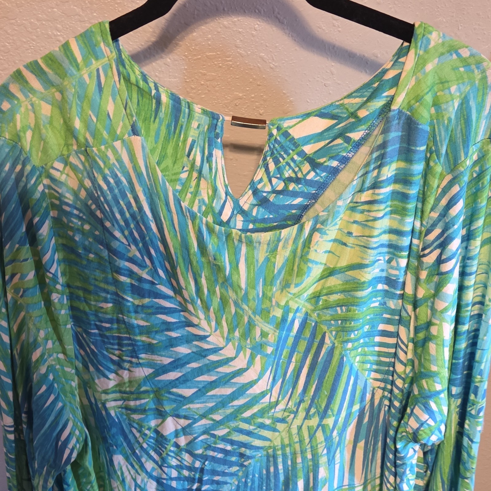 Ruby Rd. Womens Plus Size 1X Green Blue Tropical V-Neck 3/4 Sleeve Tunic Top
