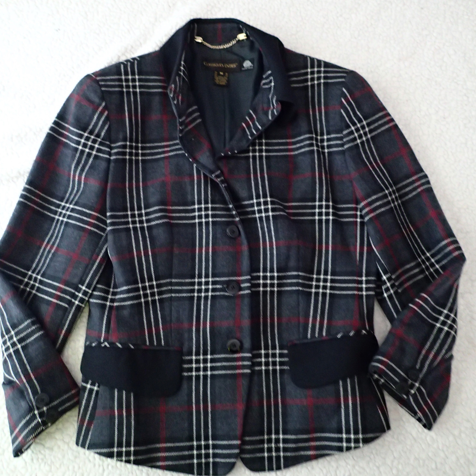 CLASSIQUES ENTIER sz M,TOP,BLAZER, tweed charcoal white red black plaid wool ar