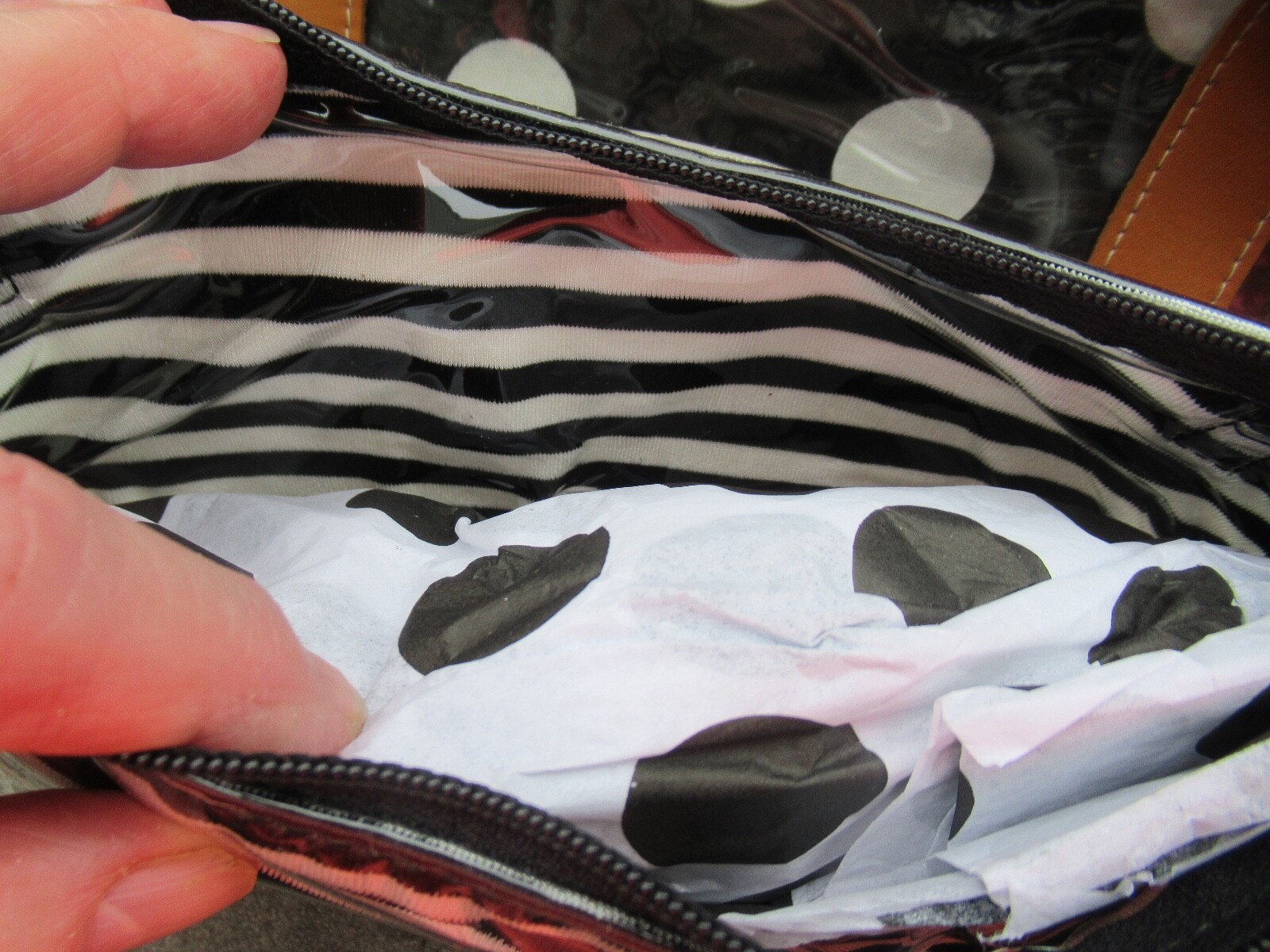 NWT Clever Carriage Co. Large Clear Tote/ Leather Trim/ Striped/ Polka Dot Bags