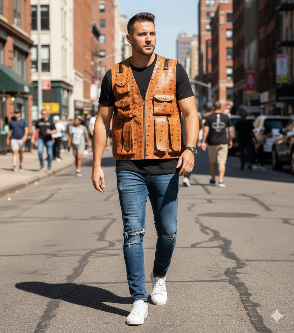 Men’s MCM Brown Leather Motorcycle Vest Biker Casual Riding Vest, Handmade