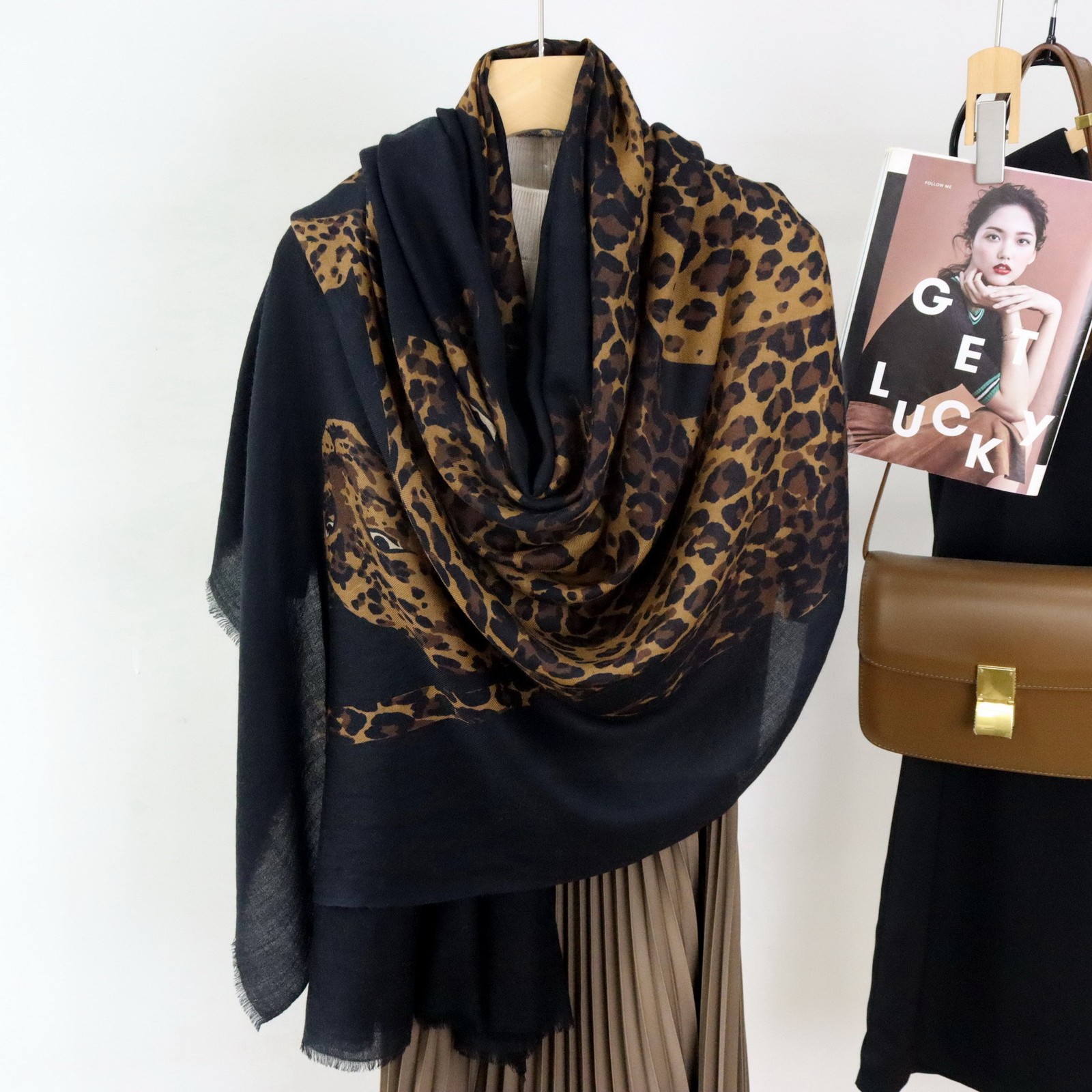 100% wool black & khaki cheetah print scarf fashion women’s shawl 200cm * 100cm
