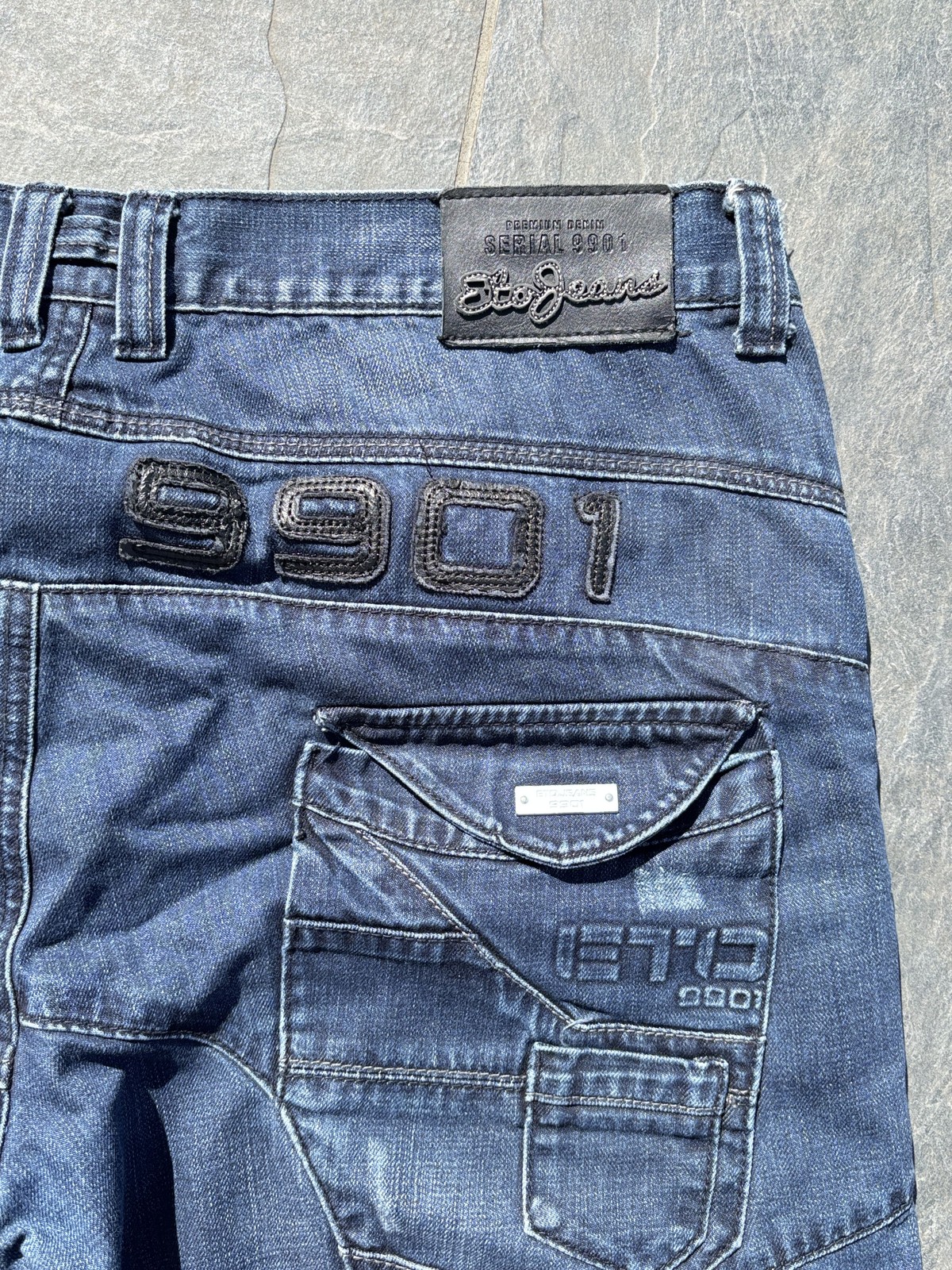 Retro ETO 9901 Mens Jeans 38L Blue Denim Streetwear Utility Cargo Distressed Y2K