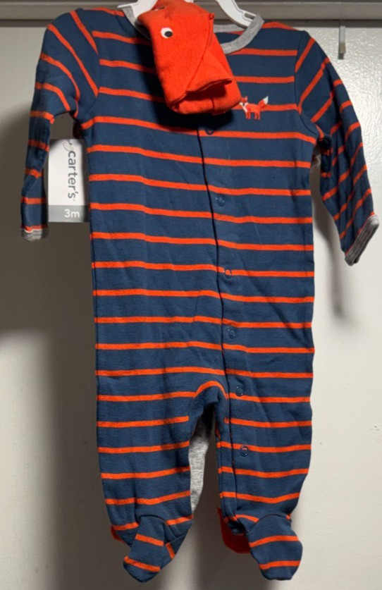 NWT Carters 3 Month Baby 4 Piece Set Pants Shirt Sleeper Hat Orange Blue Fox