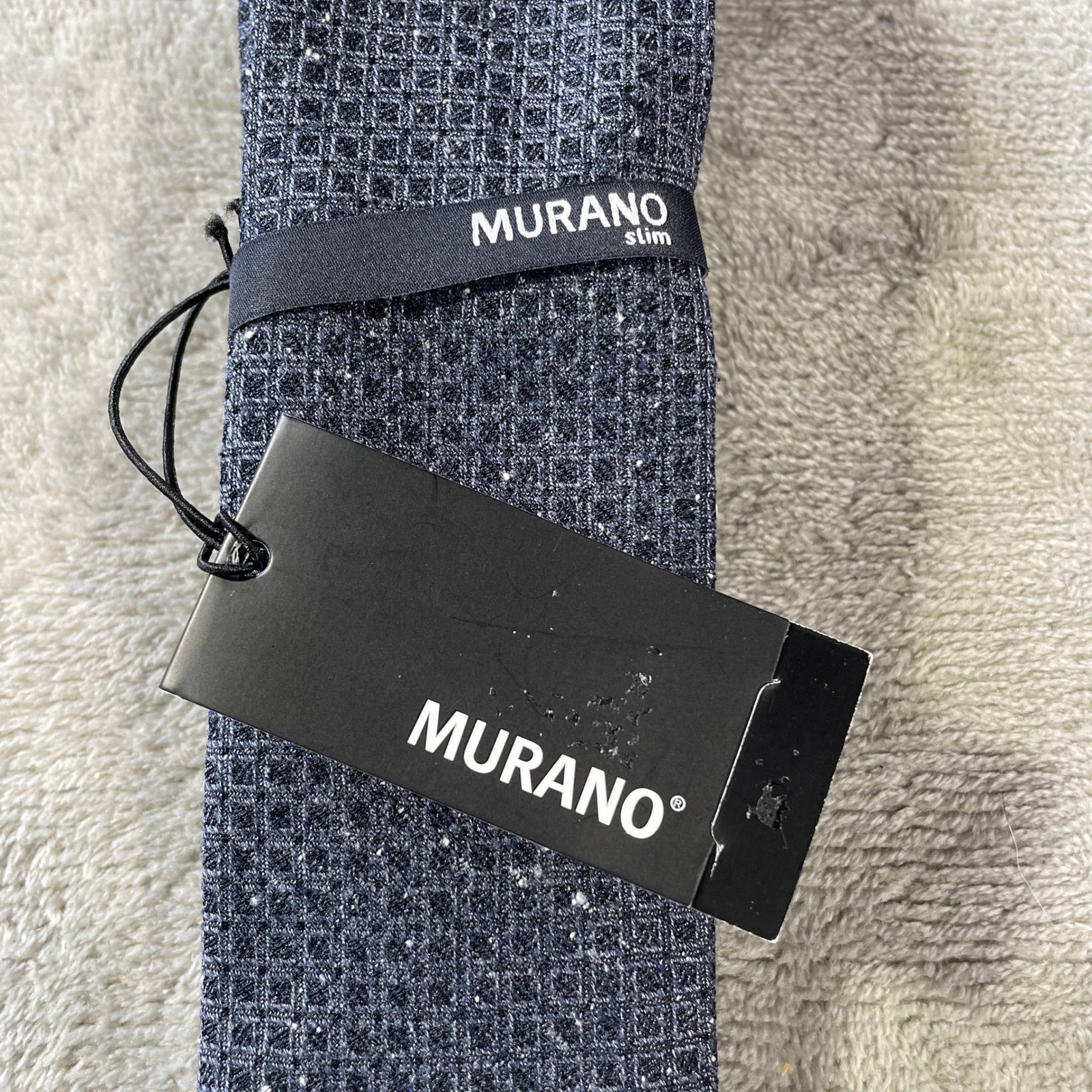Murano Slim Tie Necktie Navy Blue Geometric Grid Woven 100% Silk Career Office