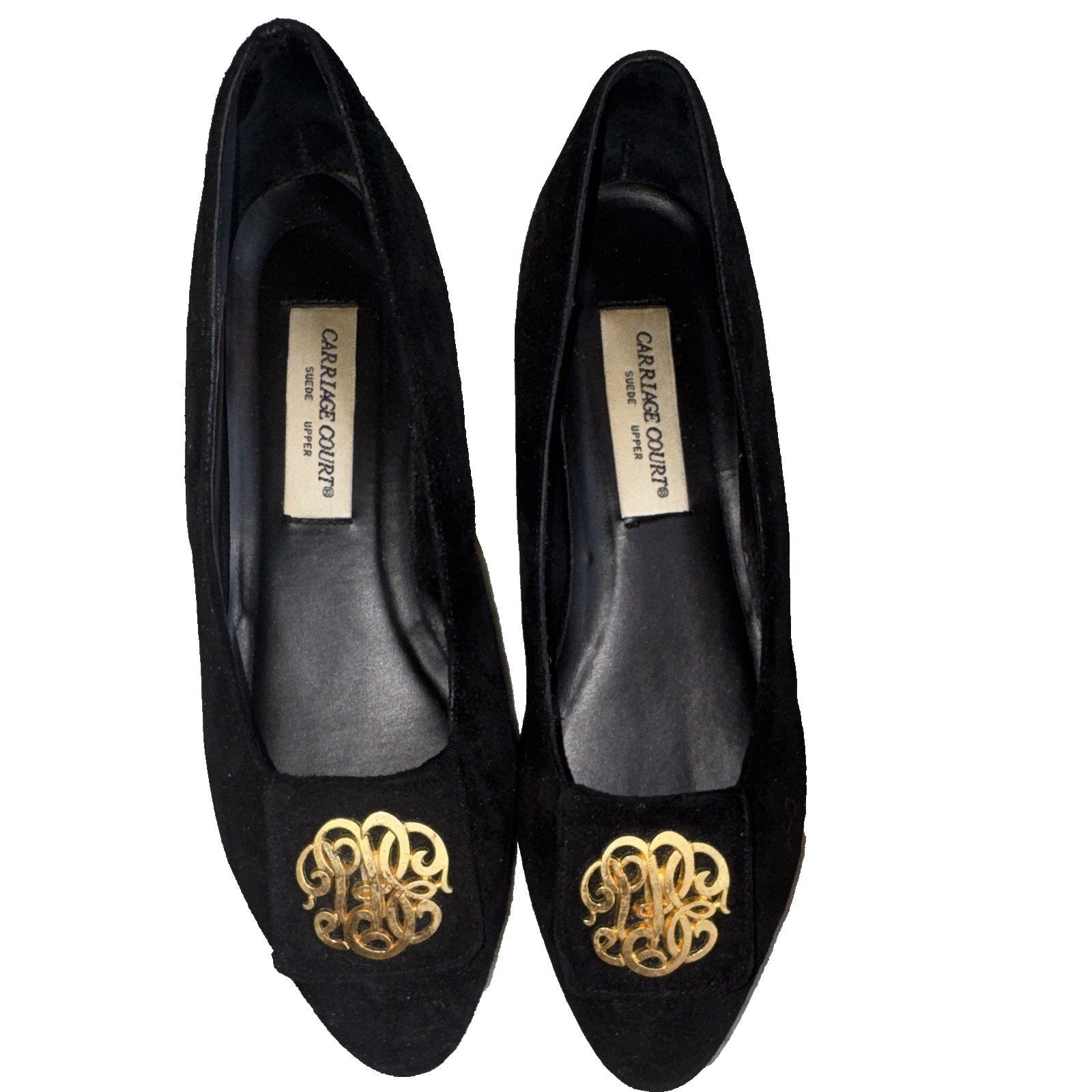 Carriage Court black suede slip on flats, gold tone hardware. 7.5M