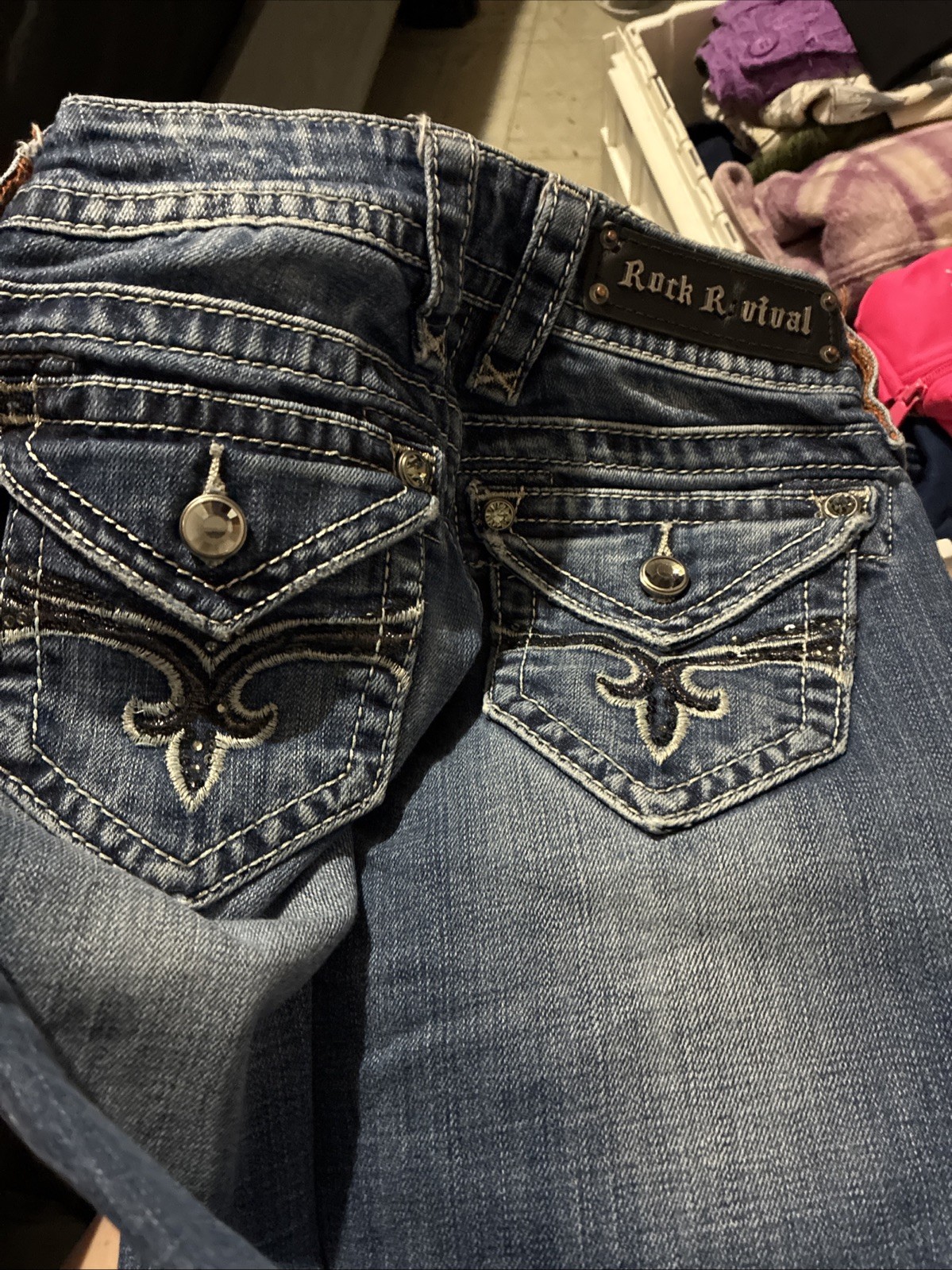 Rock Revival Monica Slim Bootcut Jeans Medium Wash Blue Embroidered Size 24