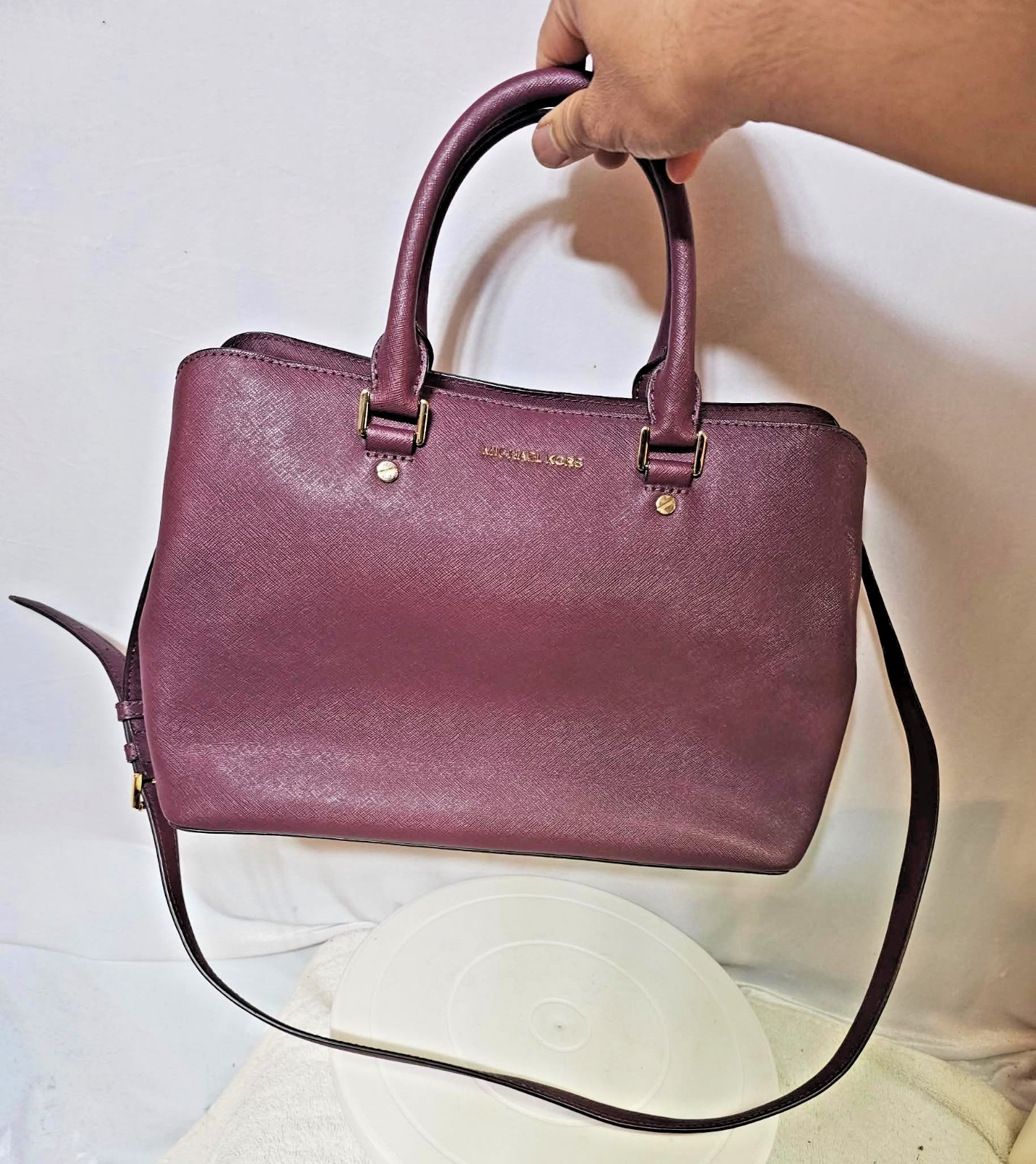 Michael Kors Savannah Large Satchel Burgundy Saffiano Leather Crossbody Bag Gold