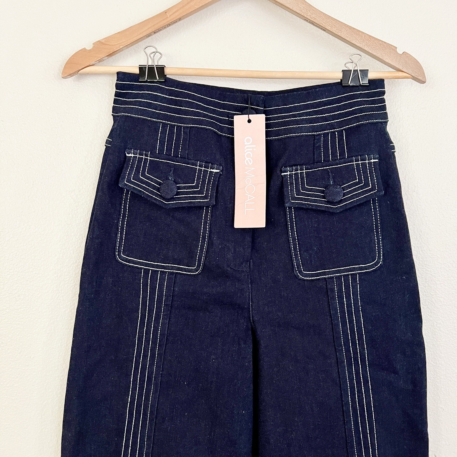 NWT ALICE MCCALL Deep Sea Indigo Blue Contrast Stitch Wide Leg Denim Pants US 4