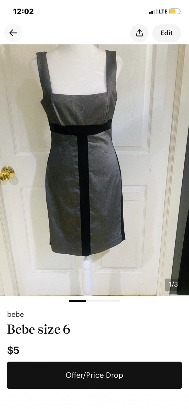 bebe Gray Black Colorblock Square Neck Sleeveless Sheath Knee Dress size 6