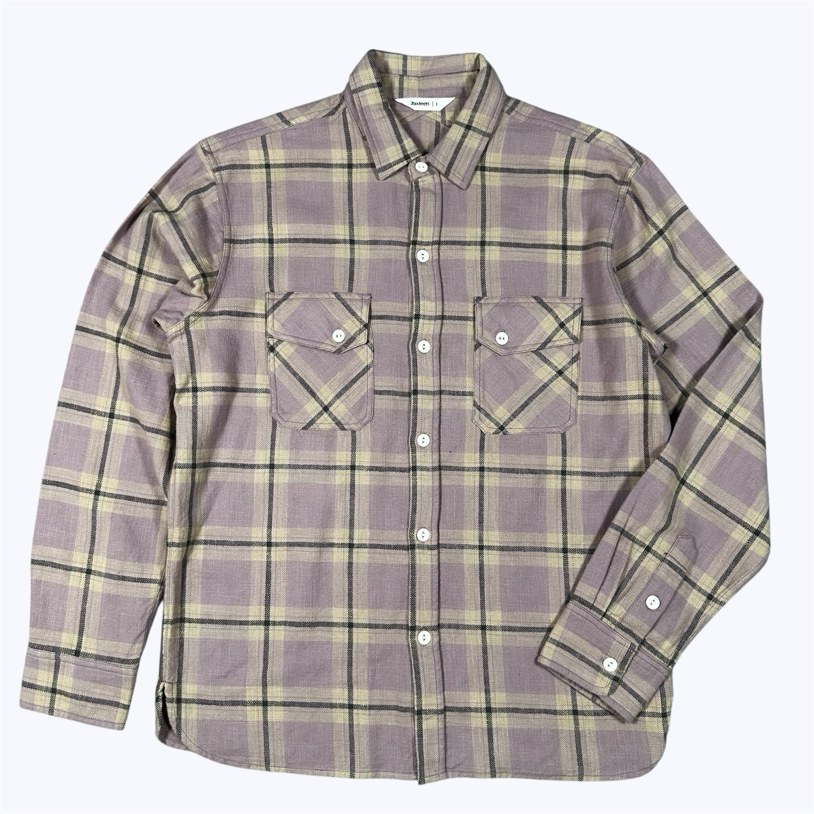 3Sixteen Lavender Ecru Plaid Thick Chore Cloth Flannel Button Up Shirt Sz L