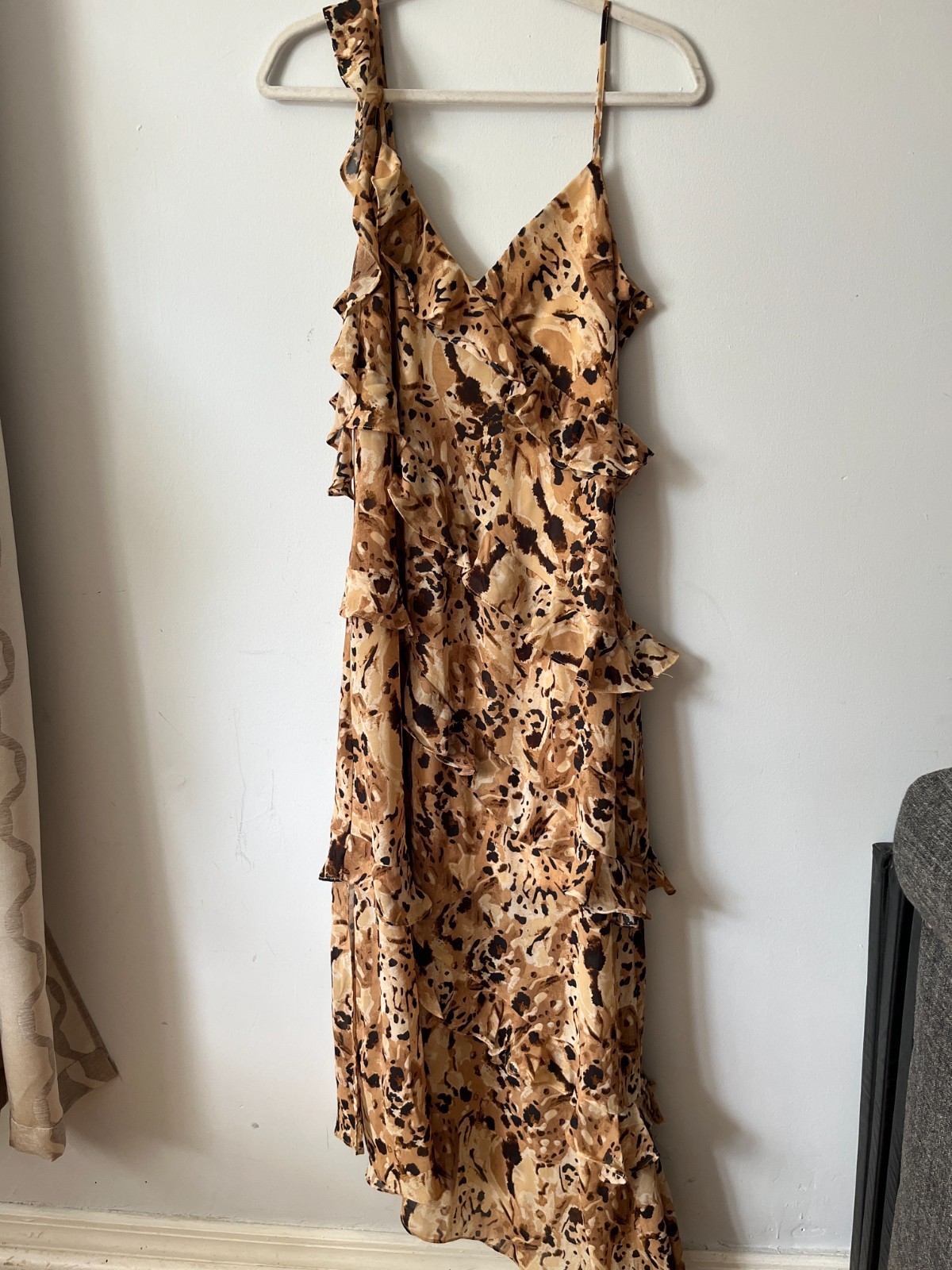 bar III Animal Print Maxi Ruffle Slip V-Neck Dress Indie Sleaze Alt Grunge