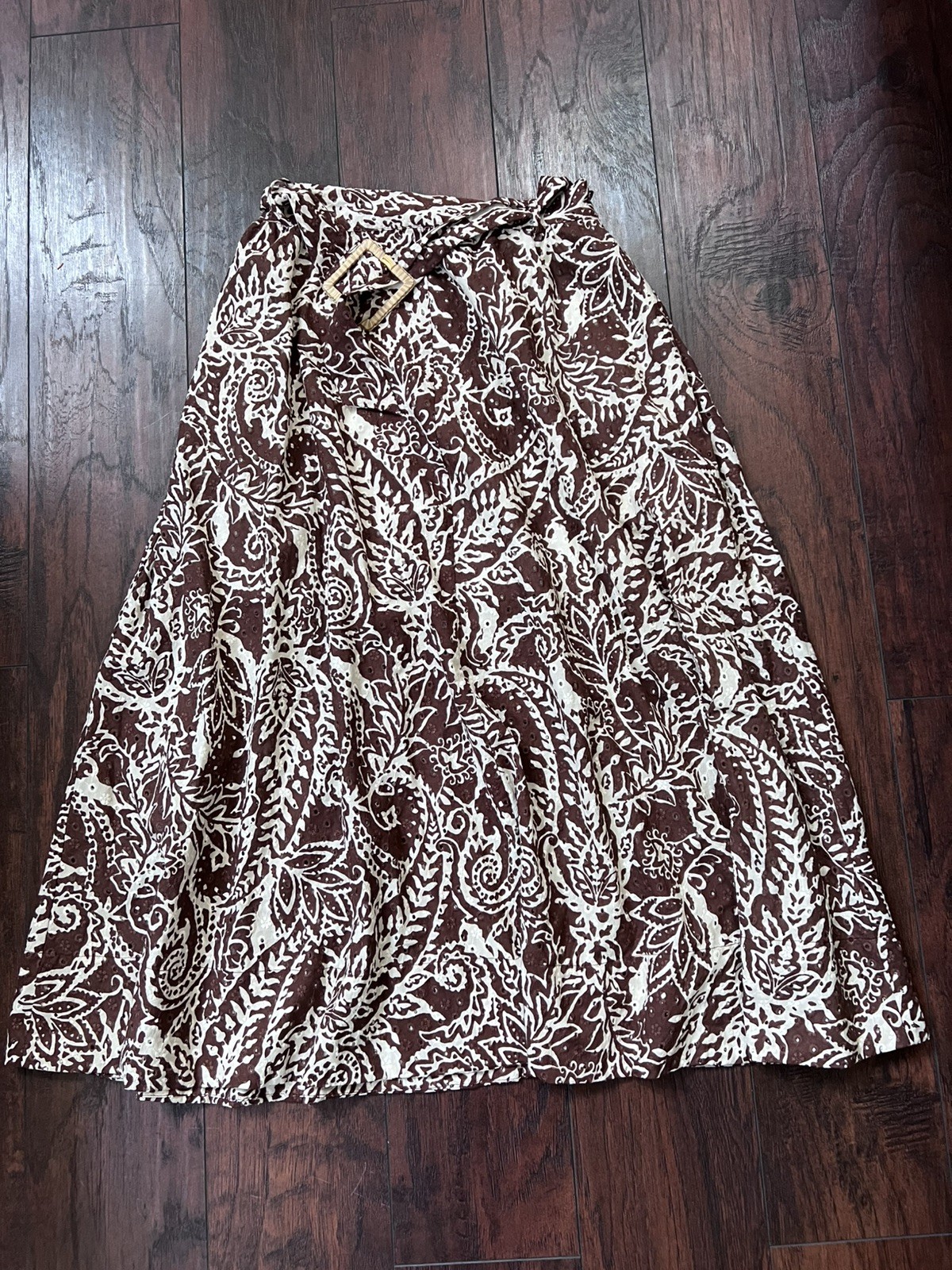 NWT Zara Embroidered Eyelet Midi Skirt Paisley-style Brown A-line Cotton Size S