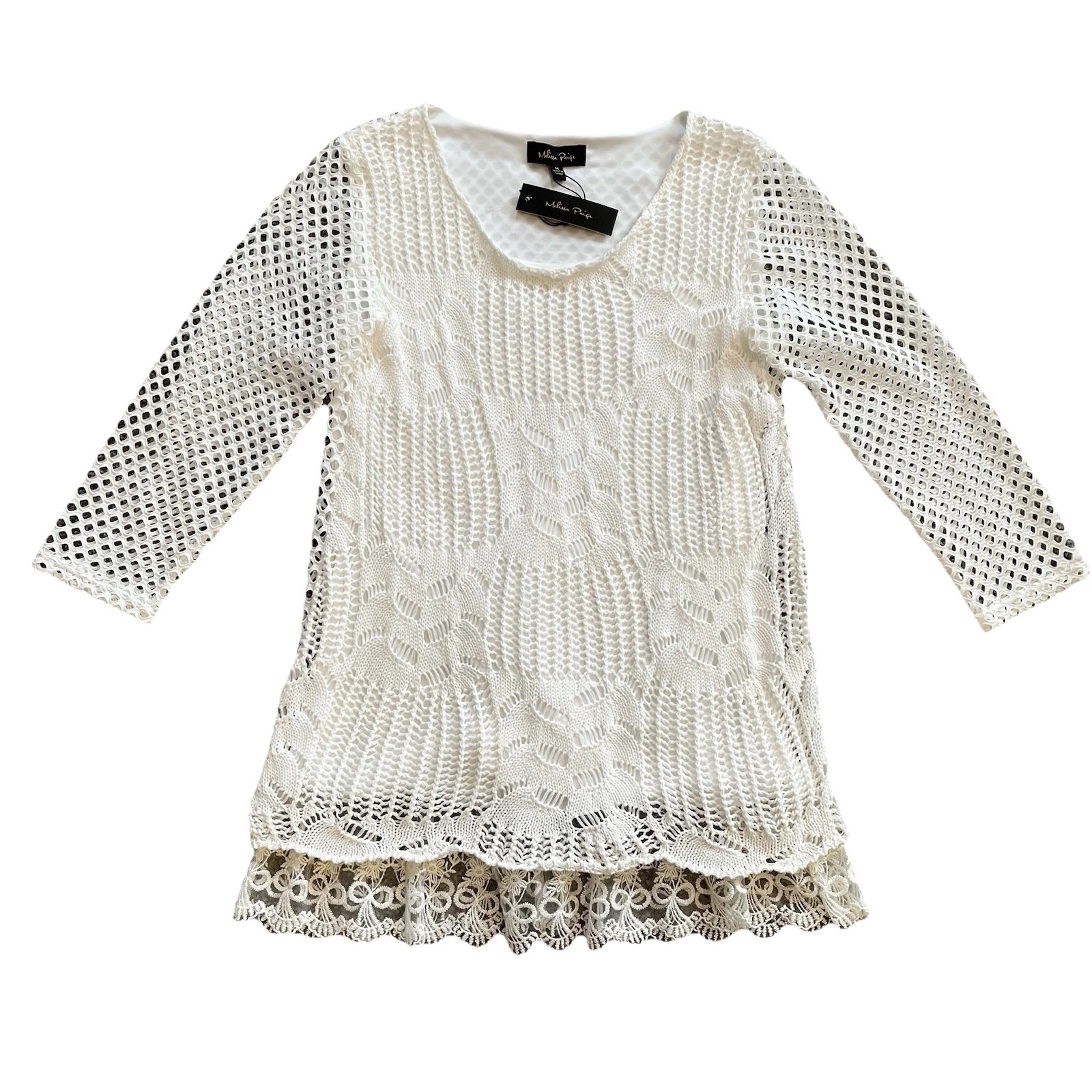 Crochet Lace Ruffle Top M White Cottagecore Lagenlook Boho Feminine 3/4 Sleeve