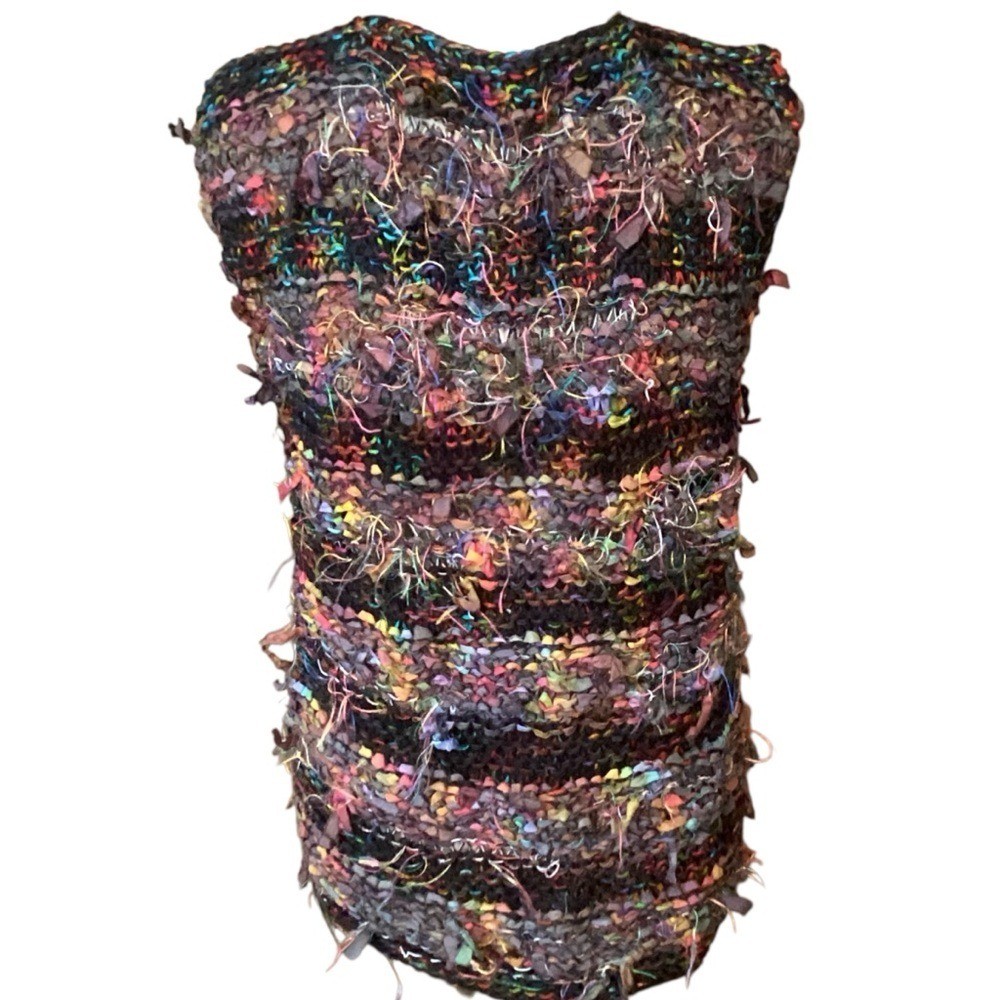 Knit & Crochet Fabric Tie Shabby Chic Vest Multicolor Front Tie Art to Wear