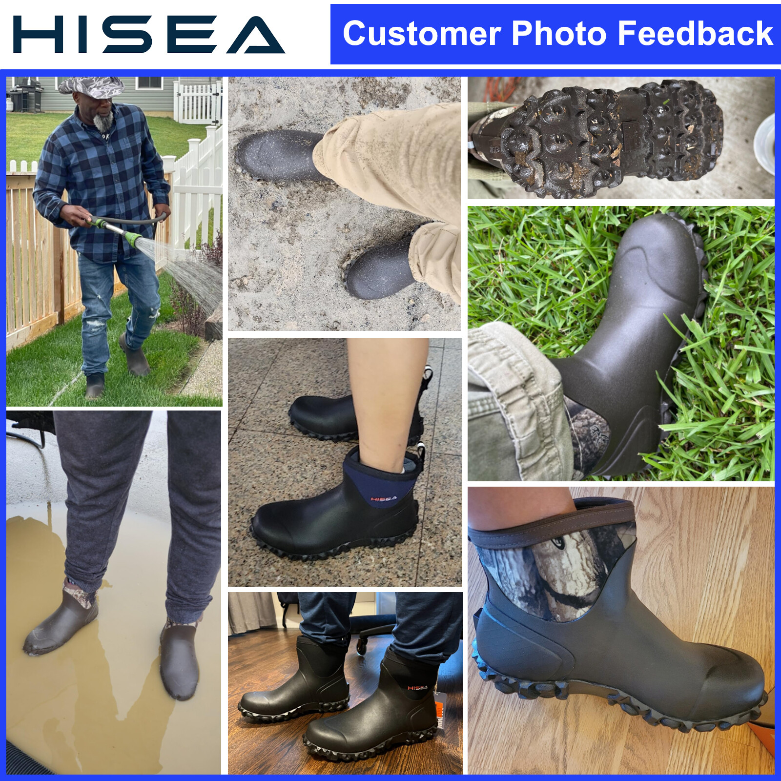 HISEA Men Ankle Rain Boots Neoprene Rubber Waterproof Non-Slip Outdoor Work Boot