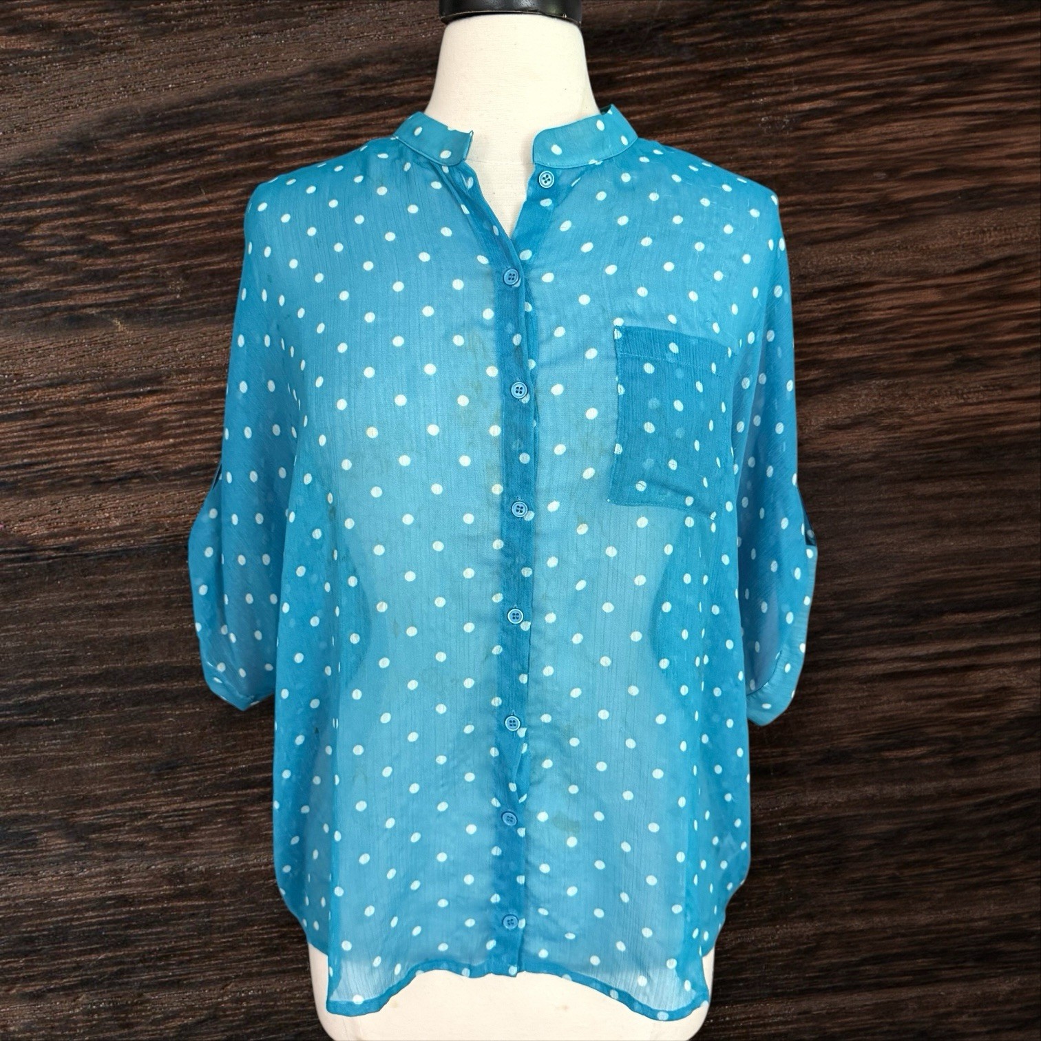 Pleione Kelly Green Polka Dot Sheer Blouse Sz S Oversized 48″ Bust Short Sleeves