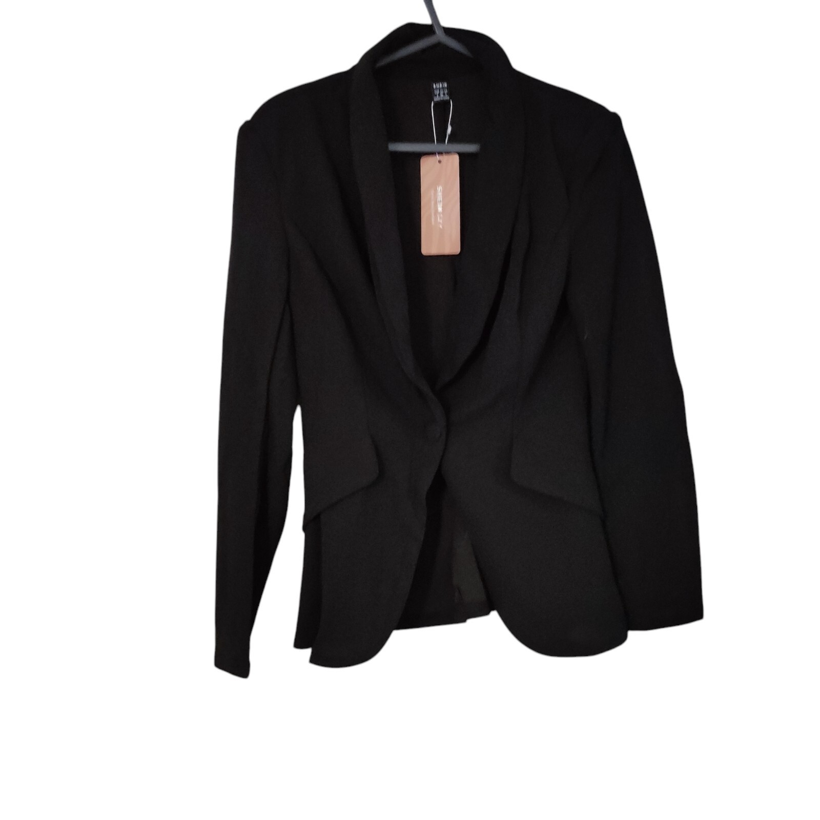 shein women blazer black button up long sleeve collared lapel pockets size S
