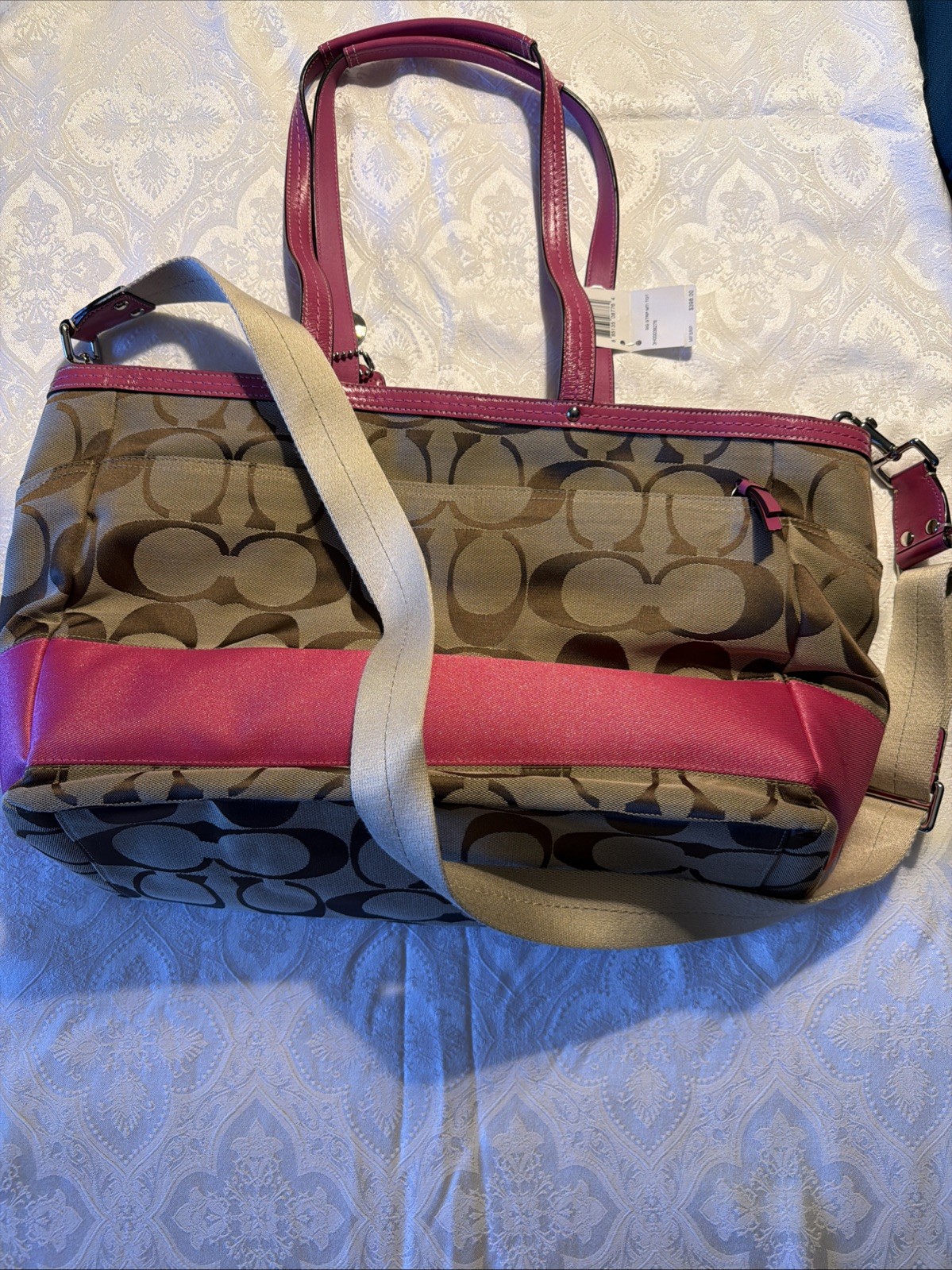 NWT Coach Signature Stripe Diaper Bag Tote Pink Khaki F13803