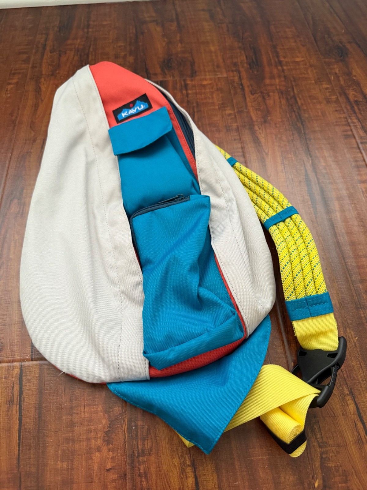KAVU Rope Sling Bag Pack Canvas Tan Desert Beige Khaki Orange Blue Yellow EUC