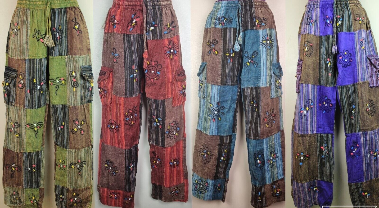S-3XL UNISEX PATCHWORK Cotton Trousers Hippy Boho Yoga Pants Wide Festival 202