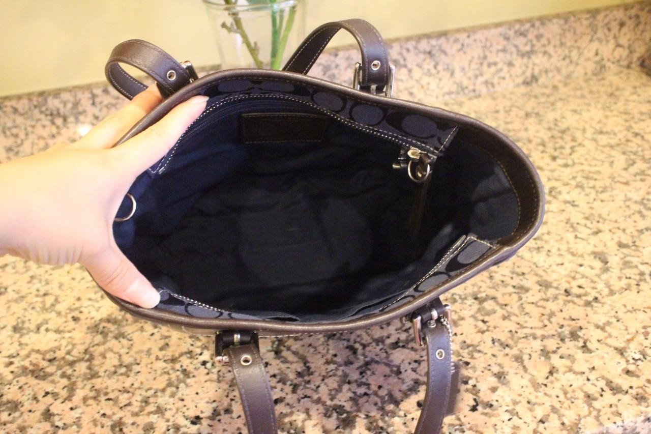 Coach monogrammed navy canvas and leather shoulder bag # F10659 (pu150
