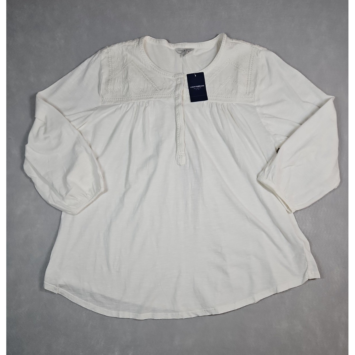 Lucky Brand Womens White Embroidered Boho Blouse 3/4 Sleeve Size 1X NWT