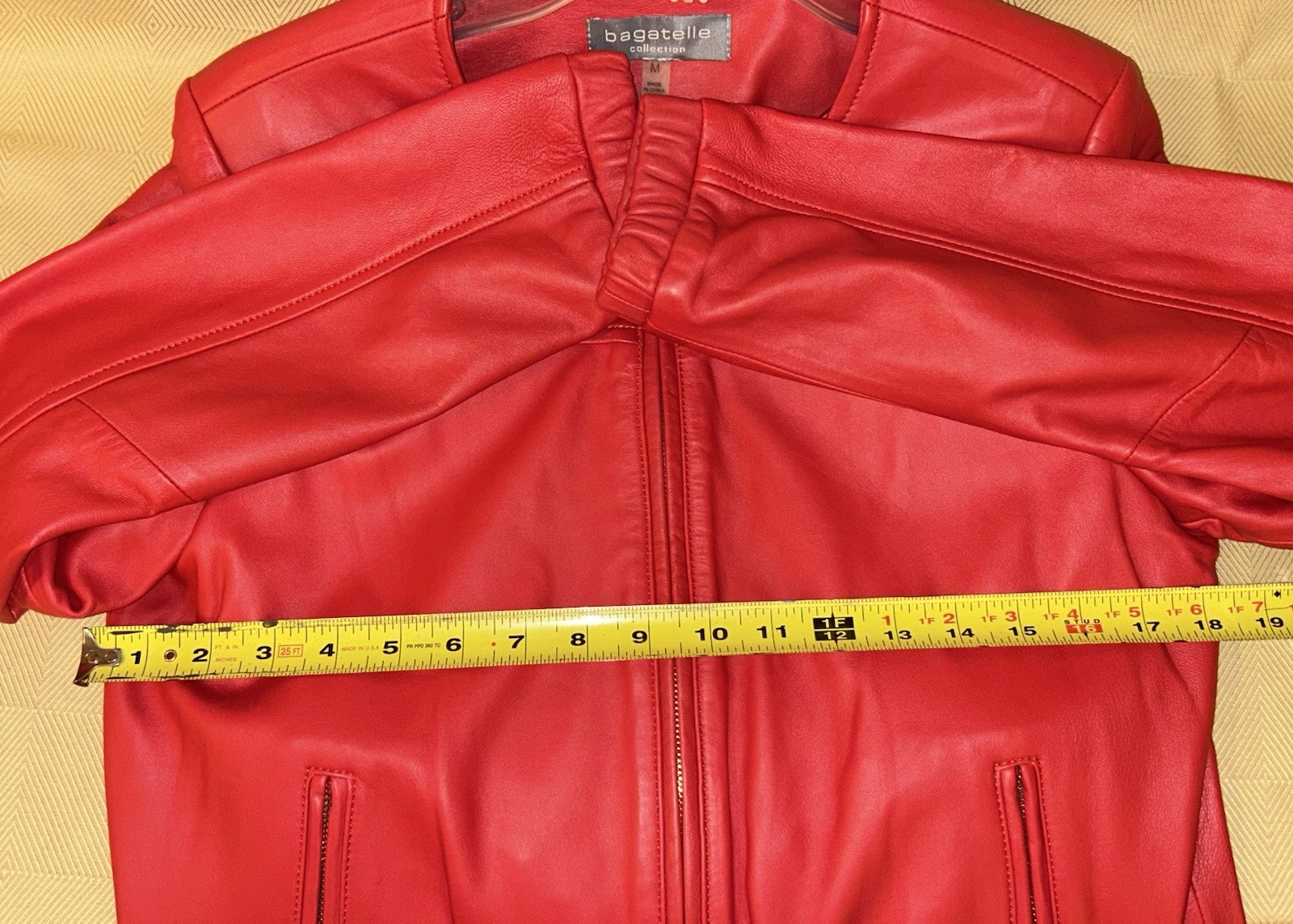 Bagatelle Collection Red Genuine Leather Jacket Womens M Collarless Gold Zip EUC