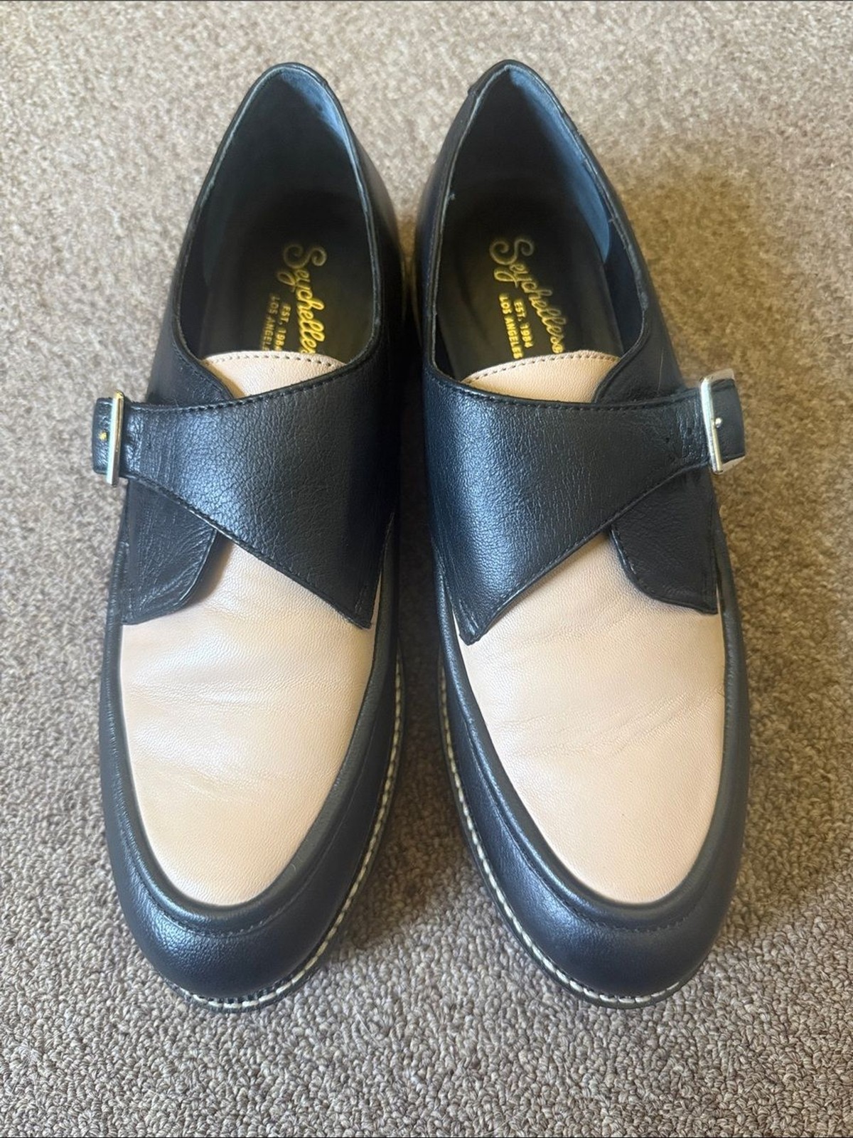 Seychelles Catch Me leather monk strap loafers in black and cream | Size 9
