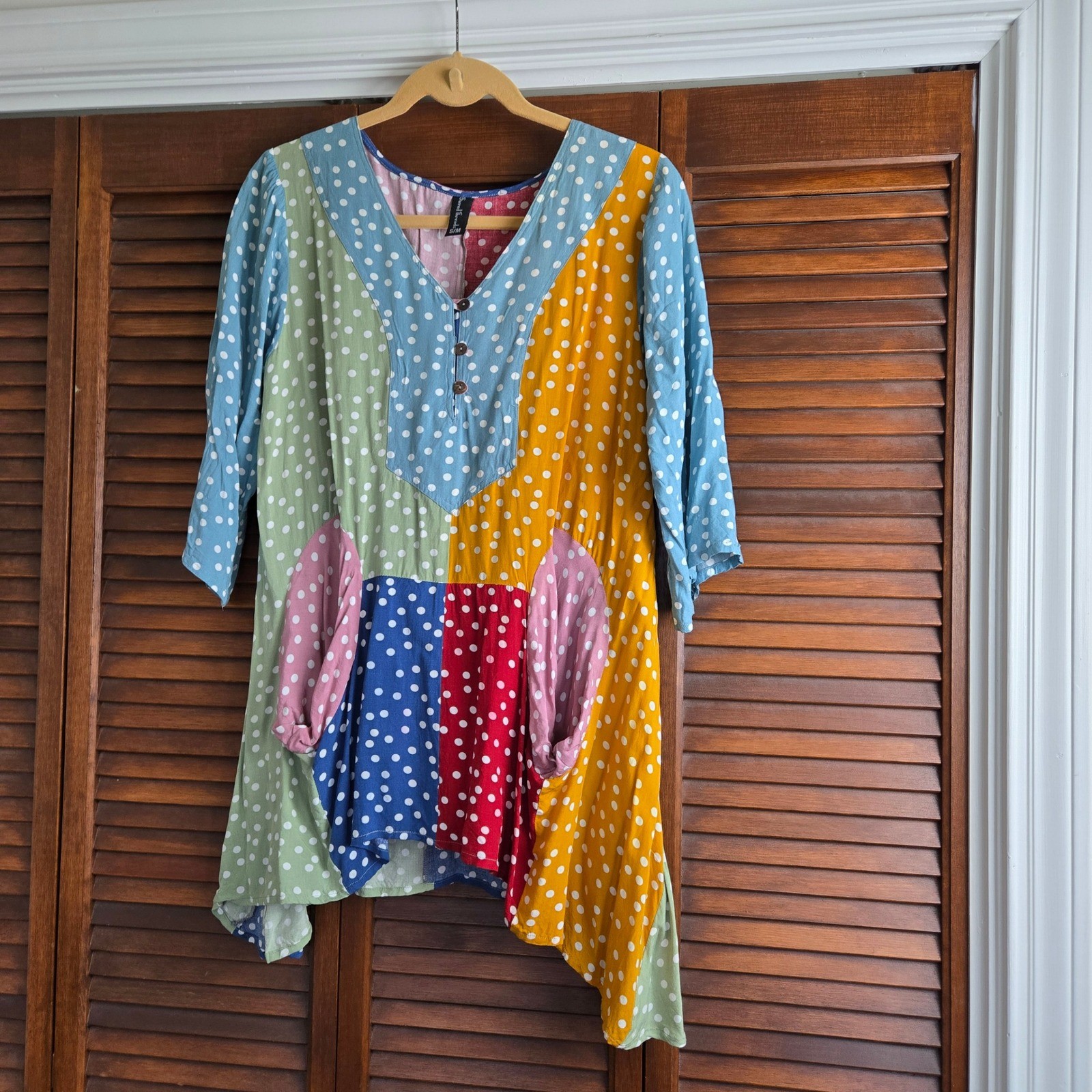 Sacred Threads Tunic Top Womens S/M Multicolor Polka Dot Patchwork Boho