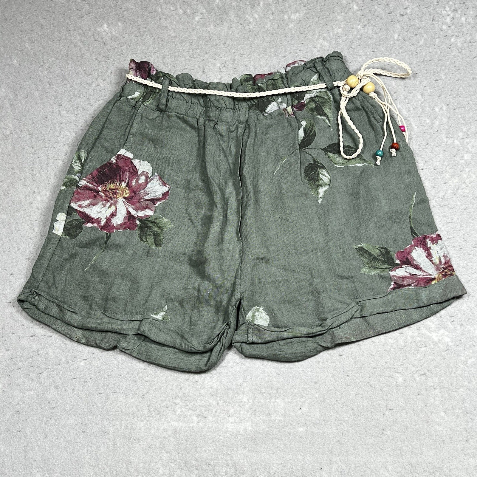 Made In Italy Shorts Womens Waist Size 23” Shorts Green Floral 100% Linen Boho
