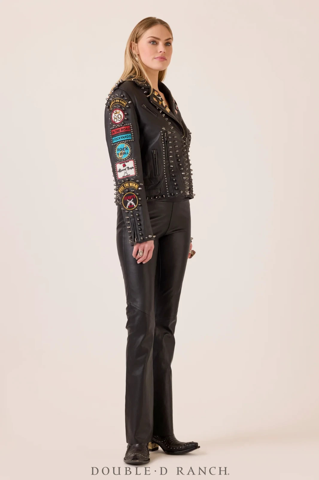 Double D Ranch Angels on Horseback Biker Jacket Embellished Black Leather Size M